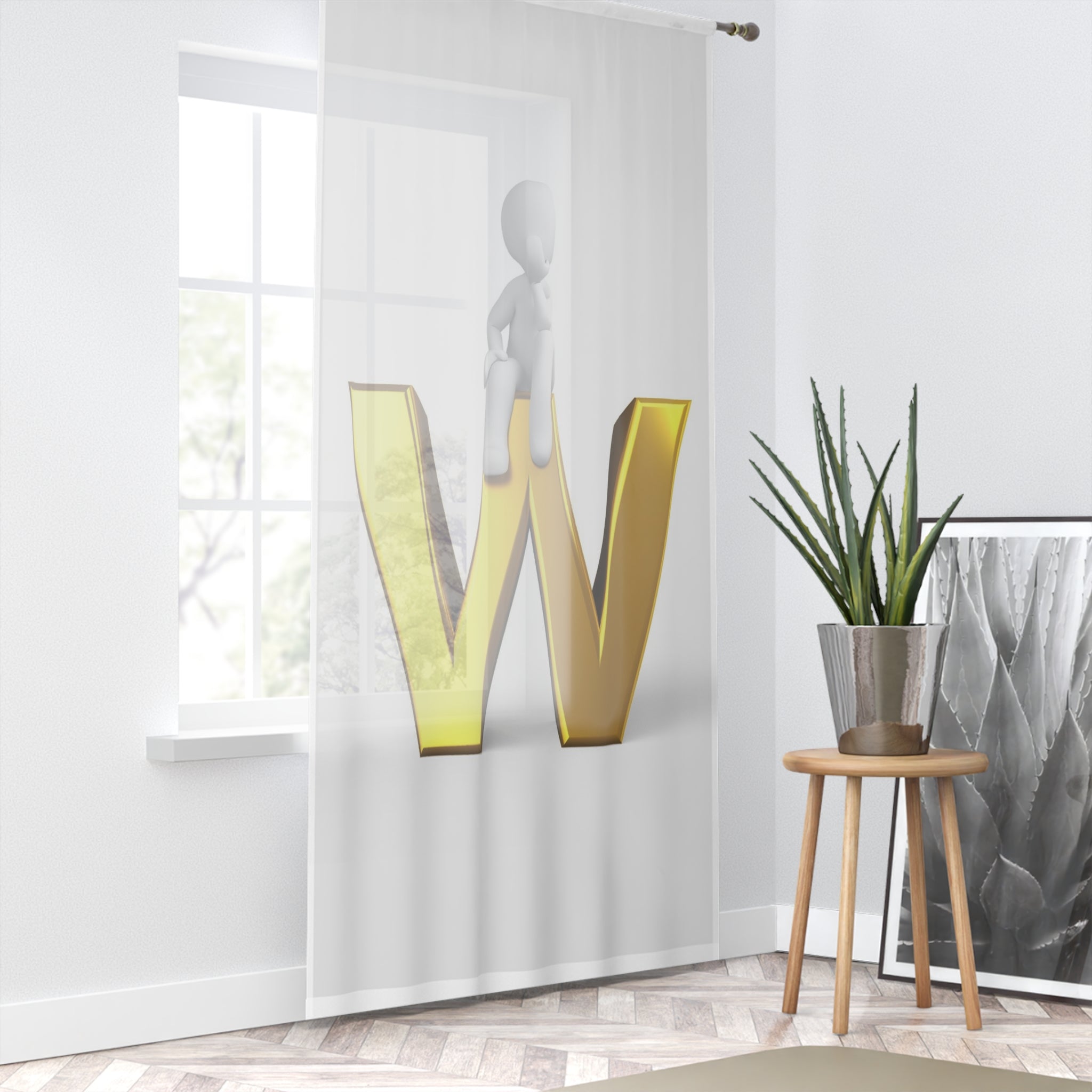 3D Gold Letter W Window Curtain | Letter W Decorative Sheer Curtain
