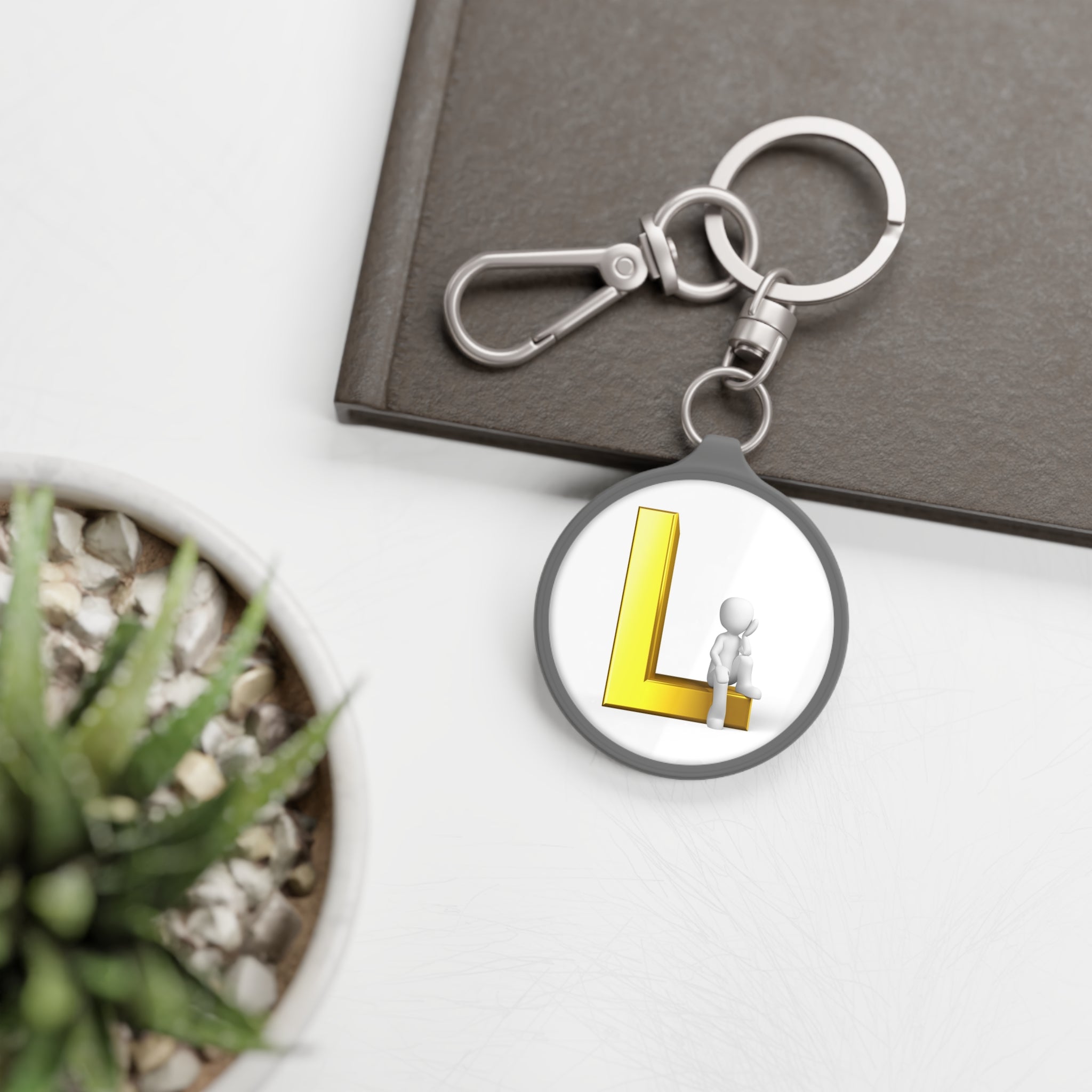 Yellow 3D Letter L with Sitting Figure Keyring | Initial L Keychain