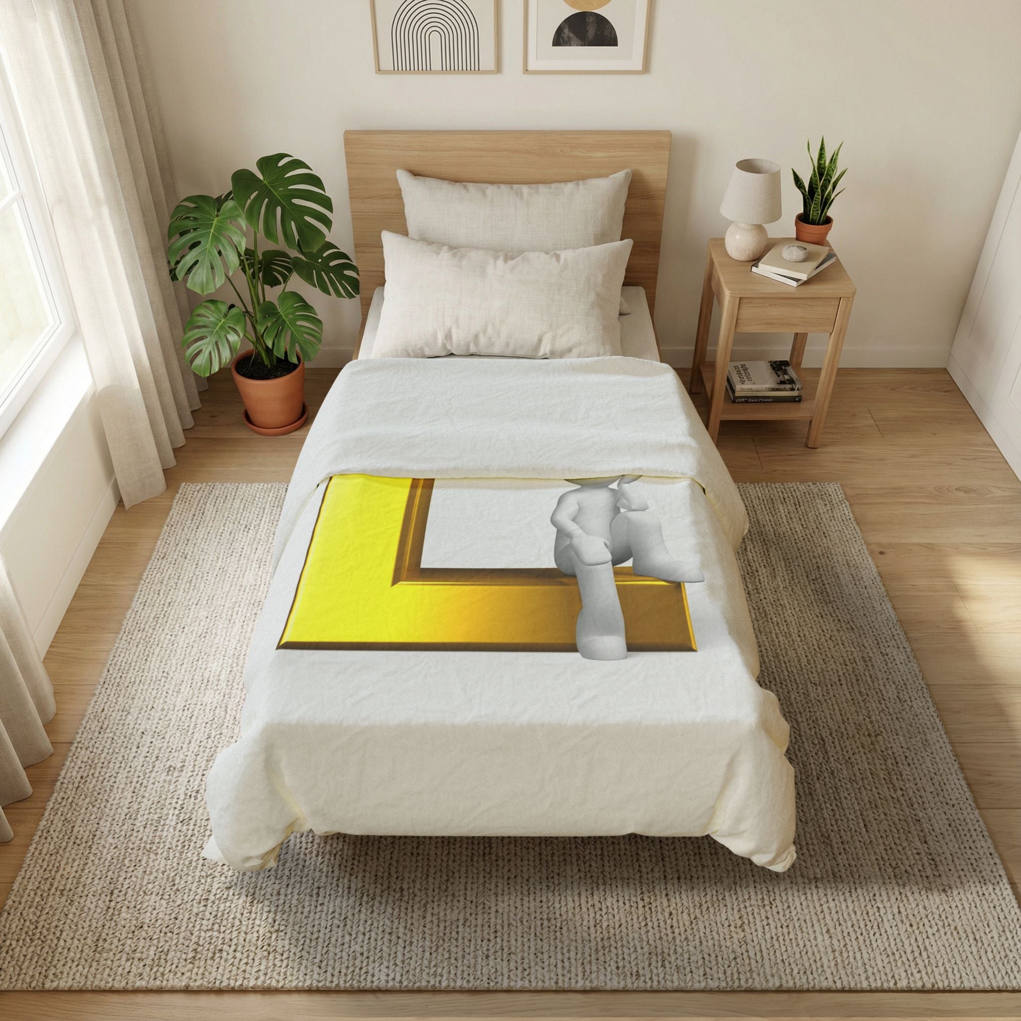 3D Gold Letter L with Sitting Figure Duvet Cover | Monogram Initial Bedding