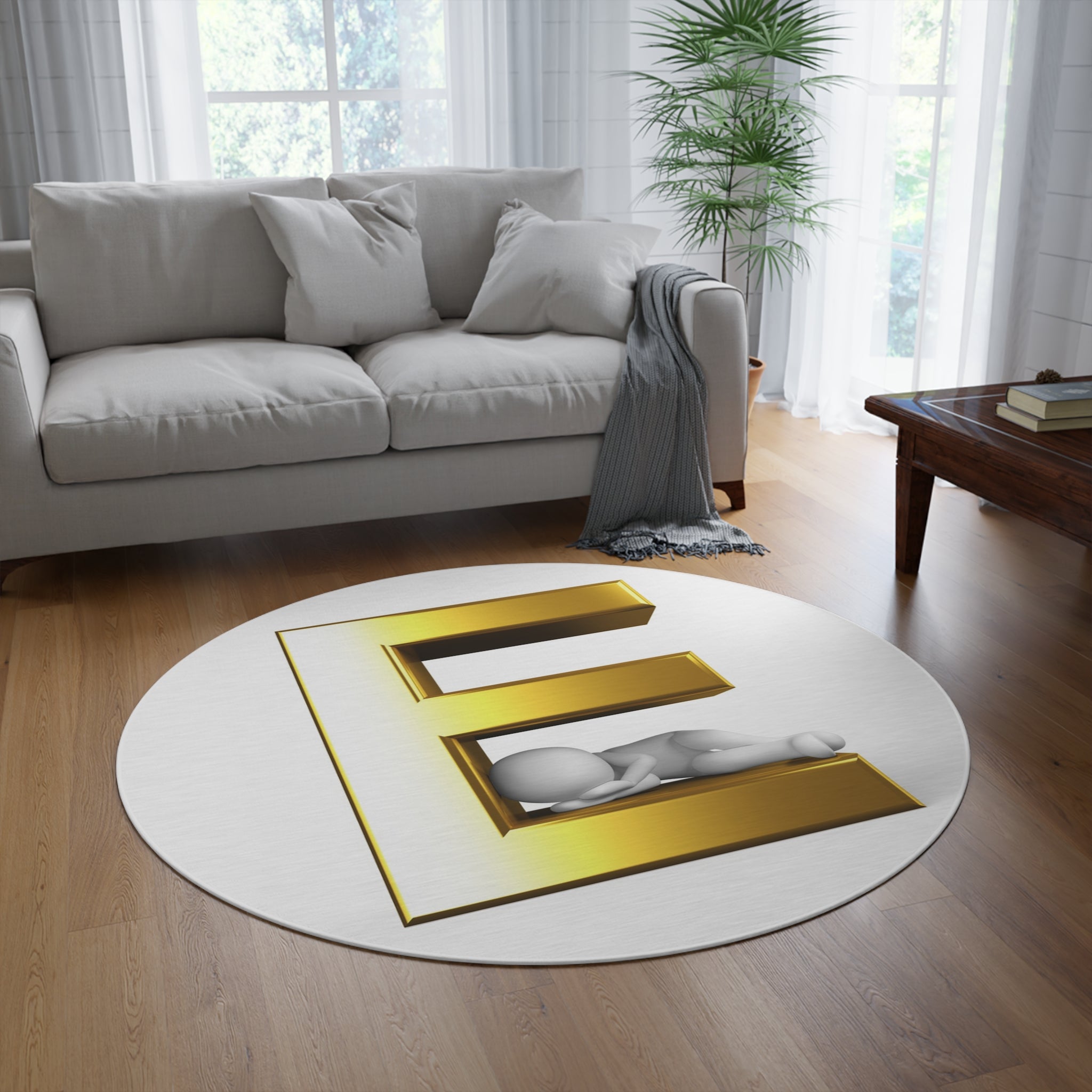 Gold 3D Letter E with Sleeping Figure Round Rug | Monogram Initial Decor