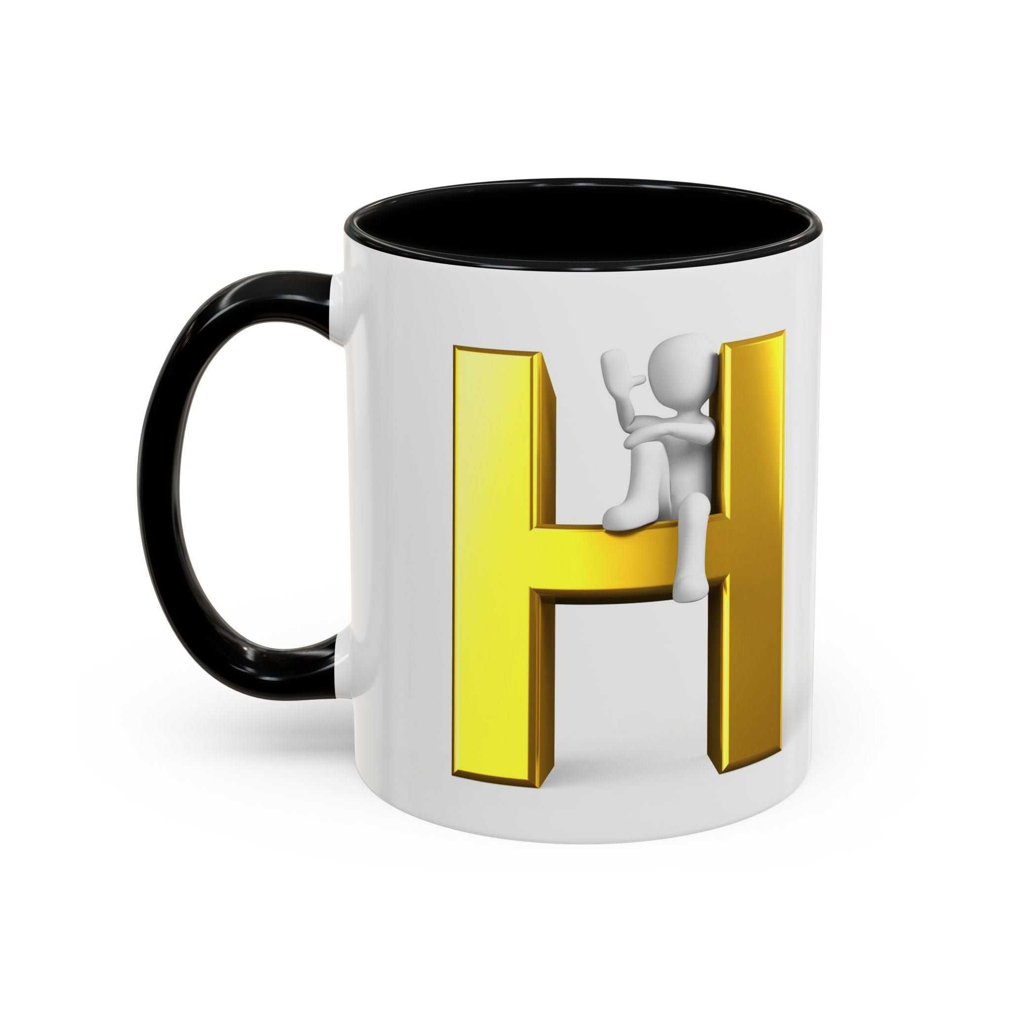 Mug en céramique avec bonhomme allumette 3D accroché à la lettre H dorée | Mug à anse de couleur