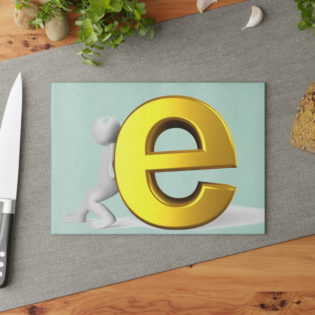 3D Gold Letter E with Figure Glass Cutting Board | Alphabet Kitchen Decor