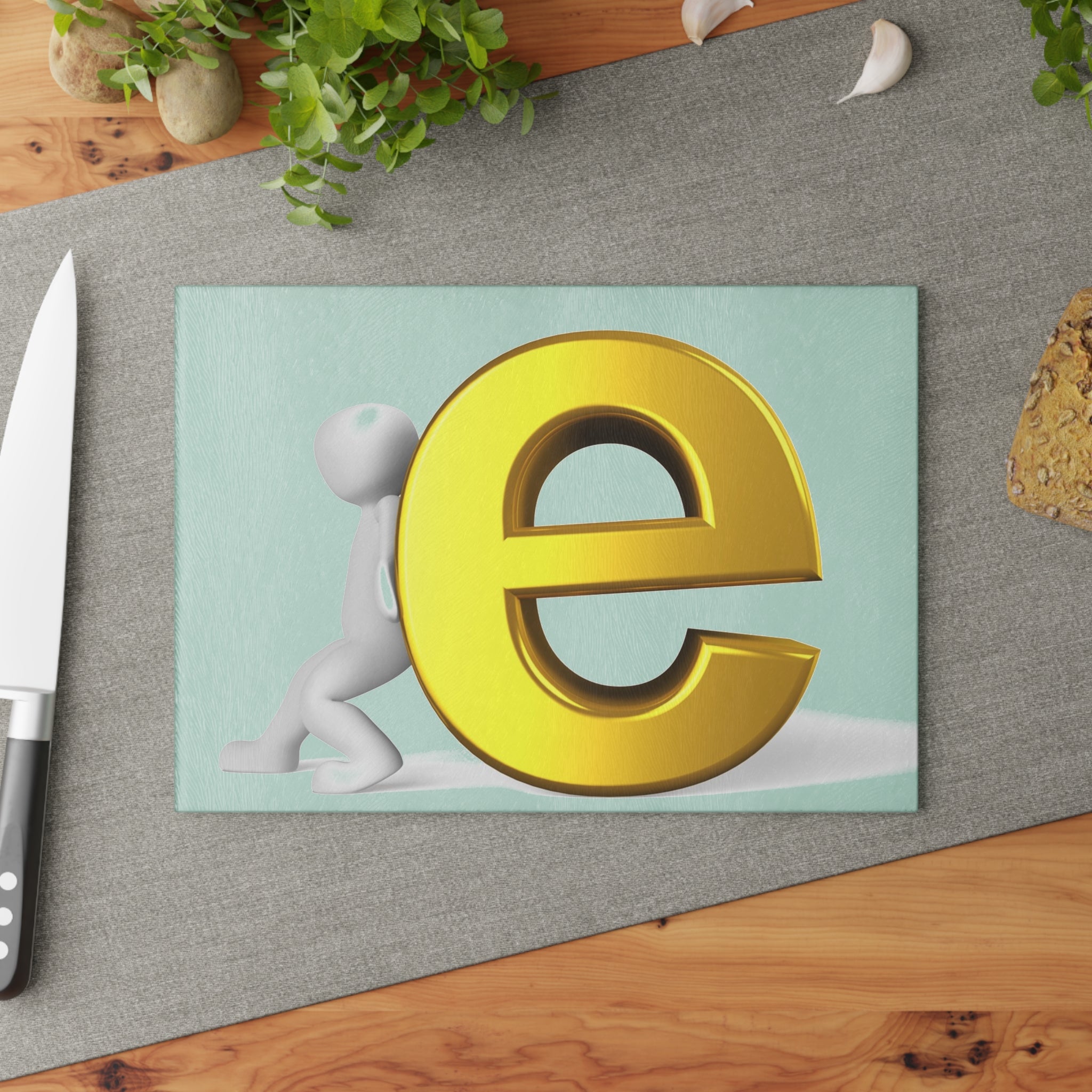 3D Gold Letter E with Figure Glass Cutting Board | Alphabet Kitchen Decor