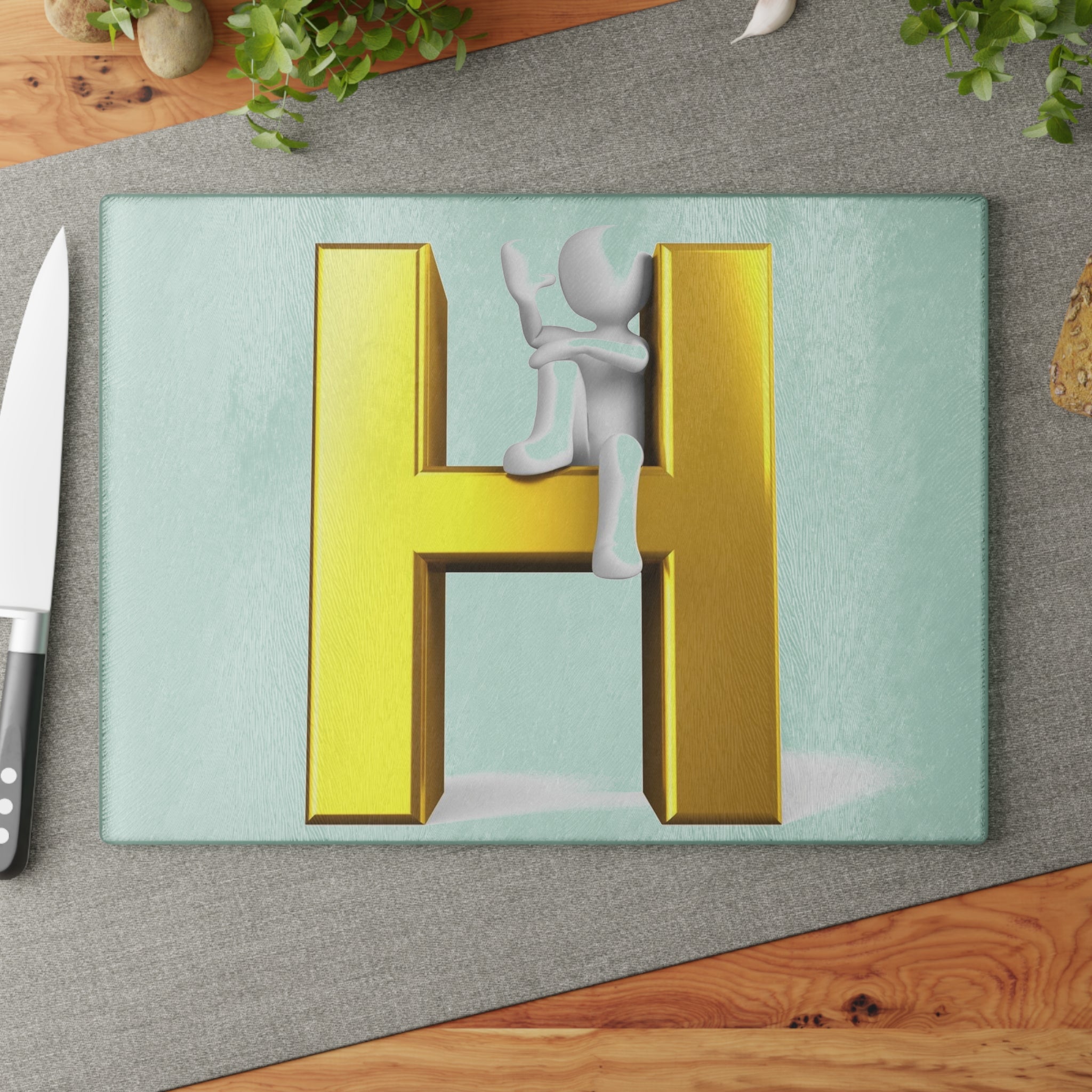 Gold Letter H with Figure Glass Cutting Board | Monogram Initial Kitchen Decor