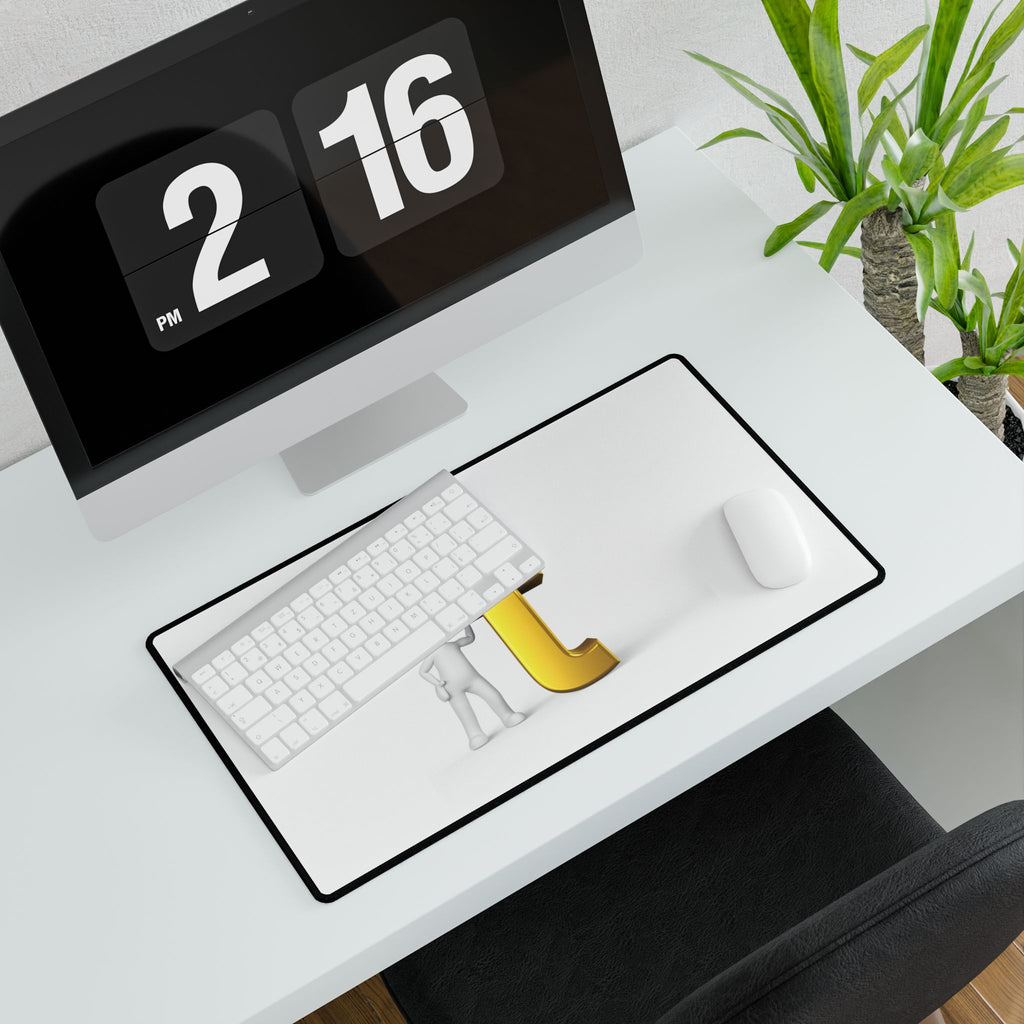 3D Stick Figure with Gold Letter t Desk Mat | Large Mouse Pad