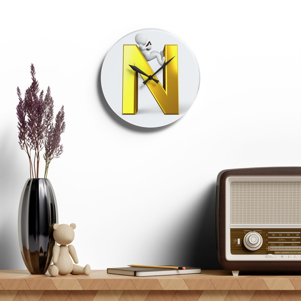 Gold Letter N with Climbing Figure Acrylic Wall Clock | Monogram Initial Decor