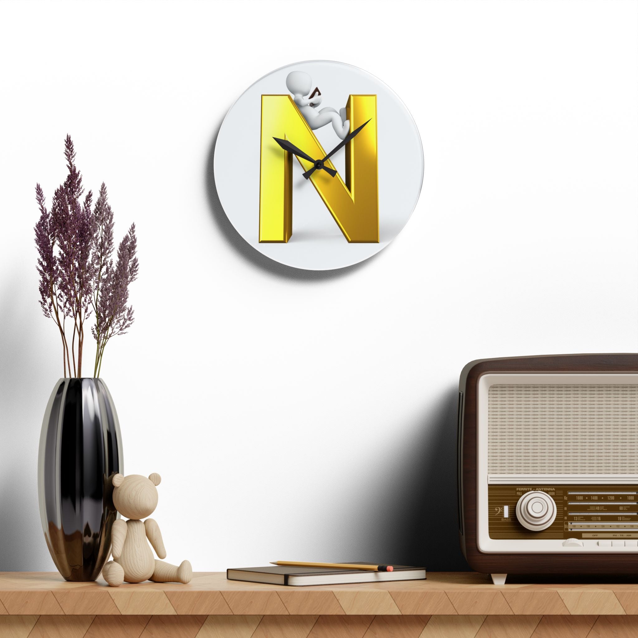 Gold Letter N with Climbing Figure Acrylic Wall Clock | Monogram Initial Decor