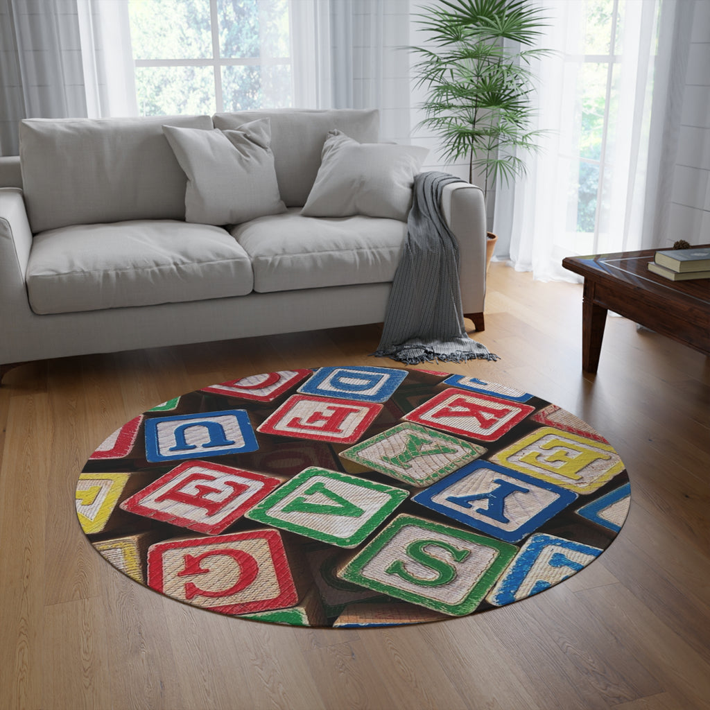Alphabet Wooden Blocks Round Rug | Kids Playroom Nursery Floor Mat
