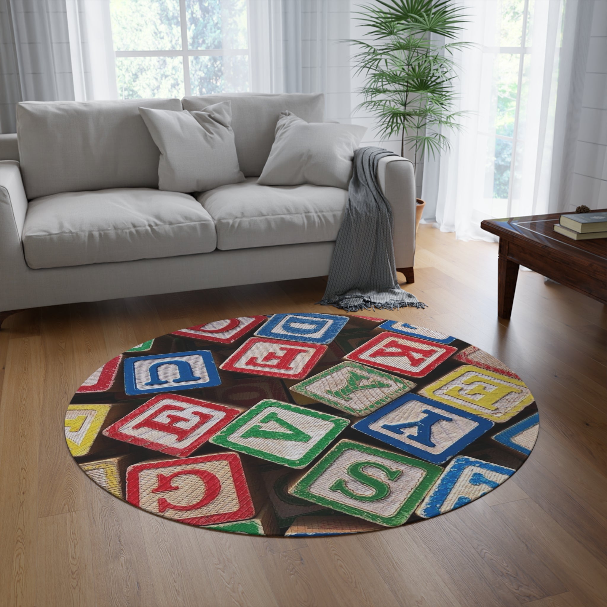 Alphabet Wooden Blocks Round Rug | Kids Playroom Nursery Floor Mat