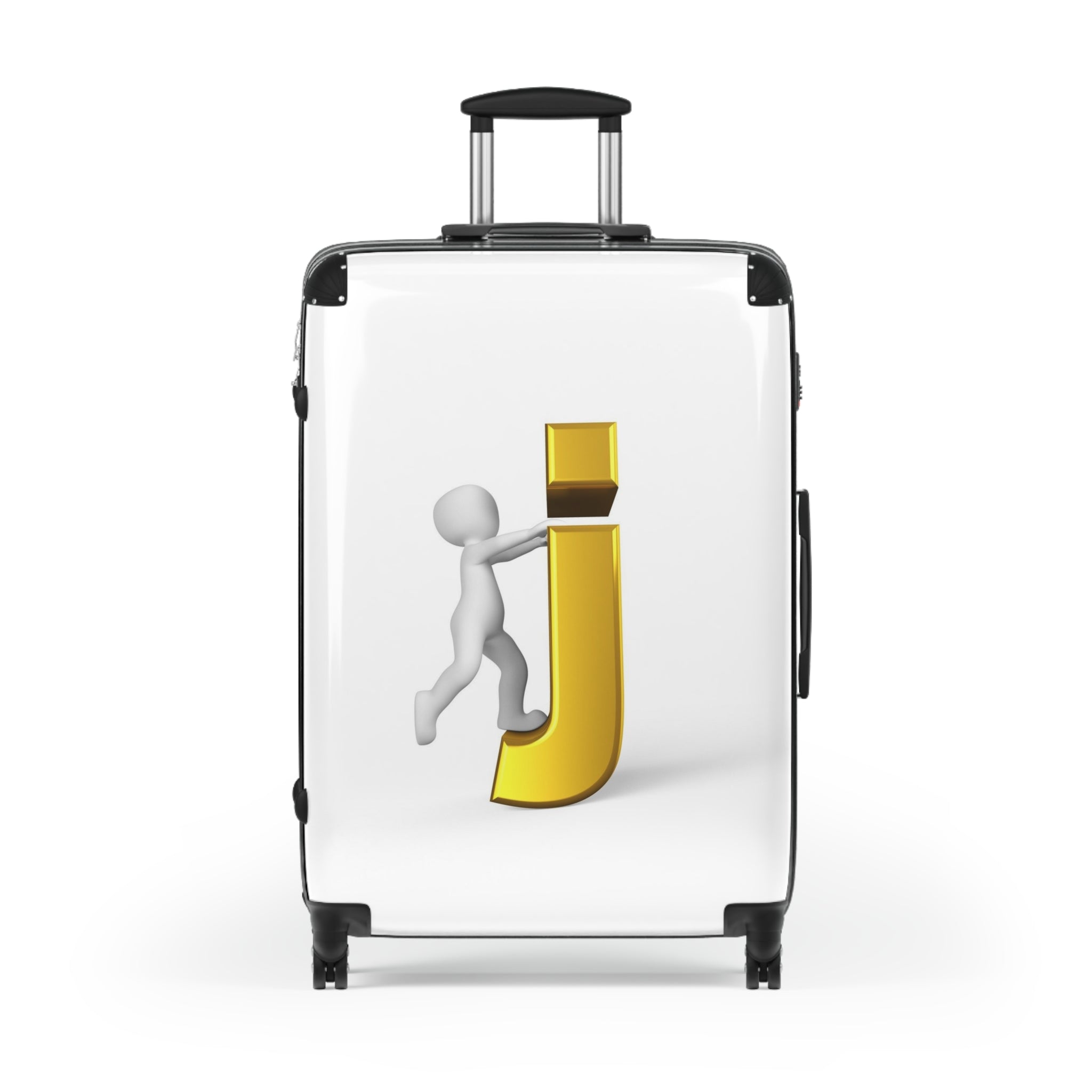 Personne en 3D chevauchant une valise avec la lettre J dorée | Bagage personnalisé avec initiales