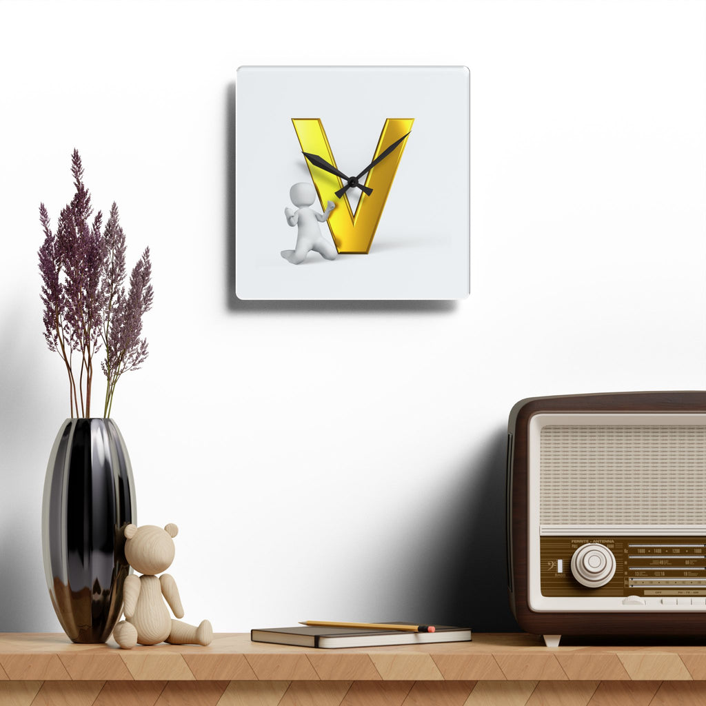 Gold Letter V with 3D Figure Acrylic Wall Clock | Modern Initial Decor