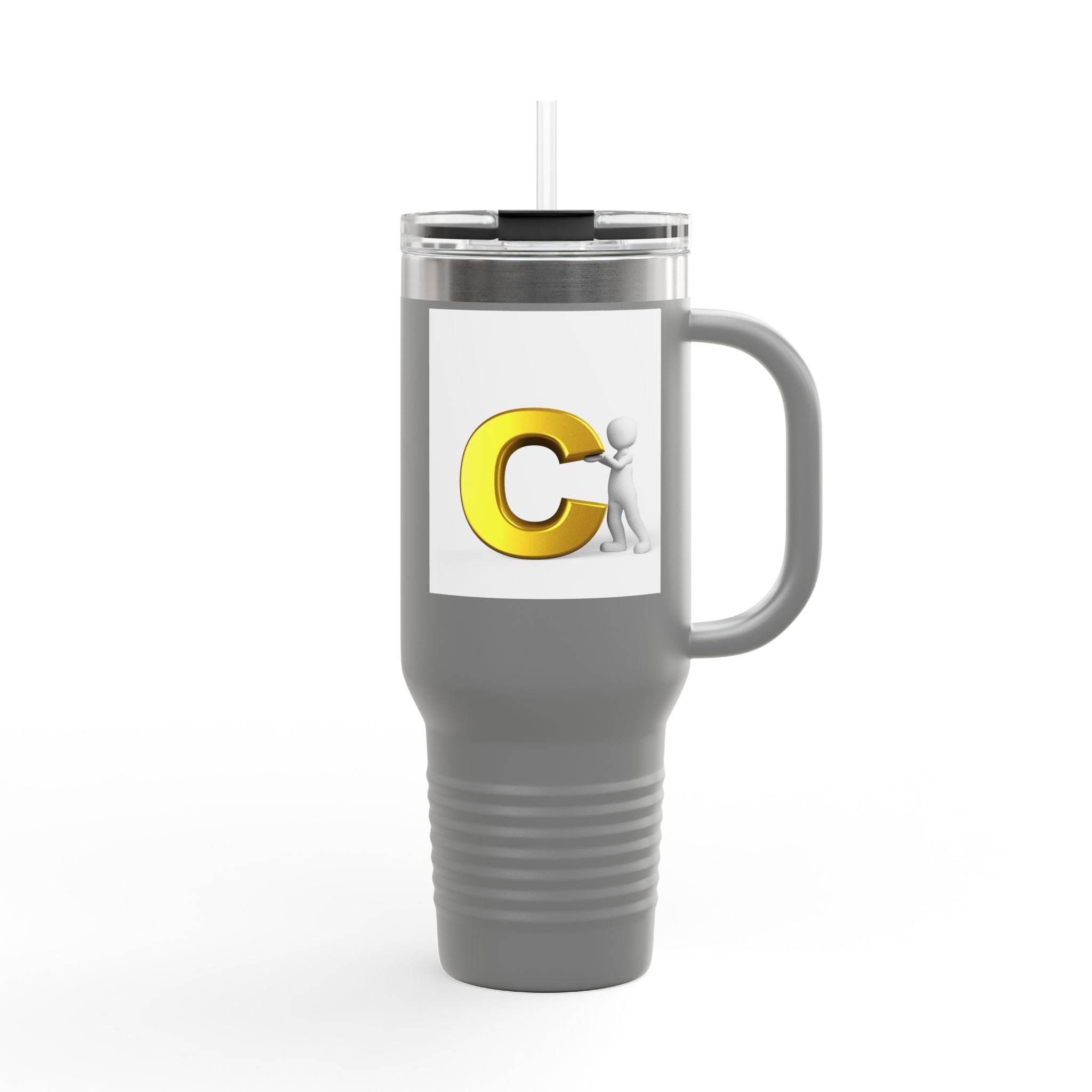 3D Character Leaning on Yellow Letter C Travel Mug | 40oz Insulated Tumbler