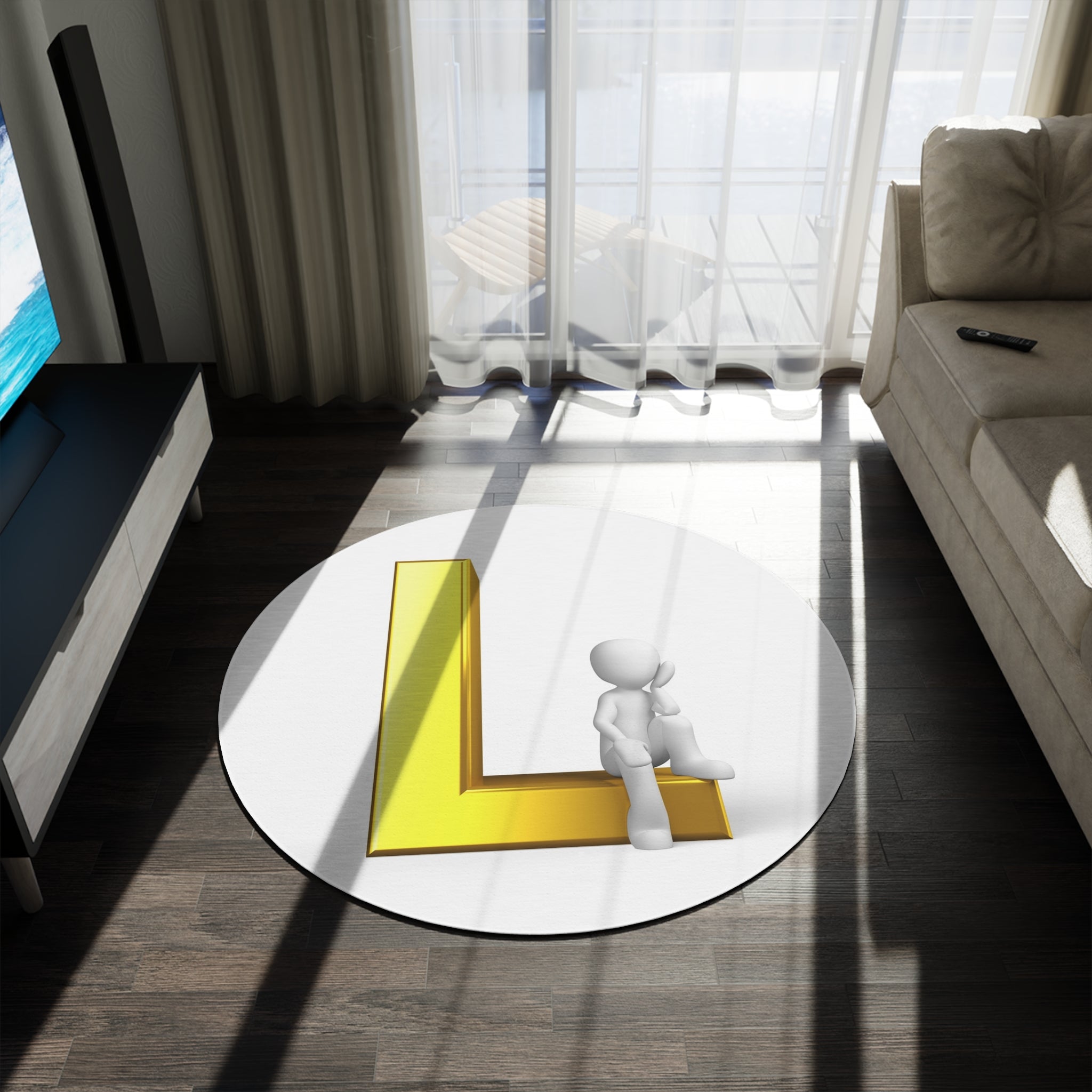 Gold Letter L with 3D Figure round rug | Monogram Initial Rug