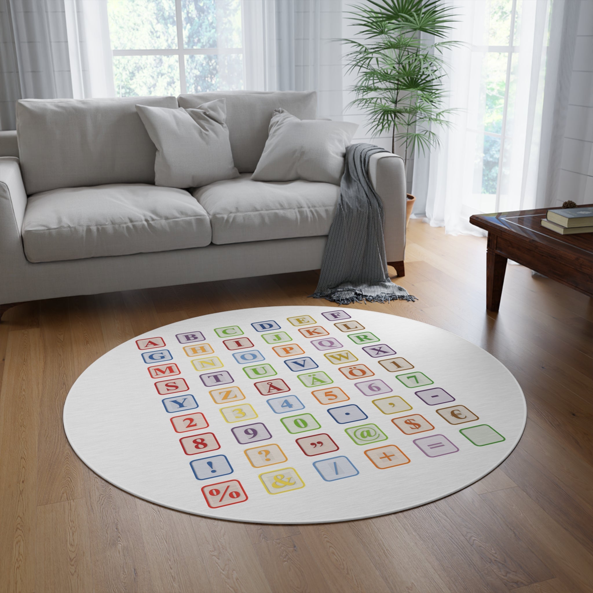 Alphabet Blocks Design Round Rug | Colorful Letters Numbers Symbols