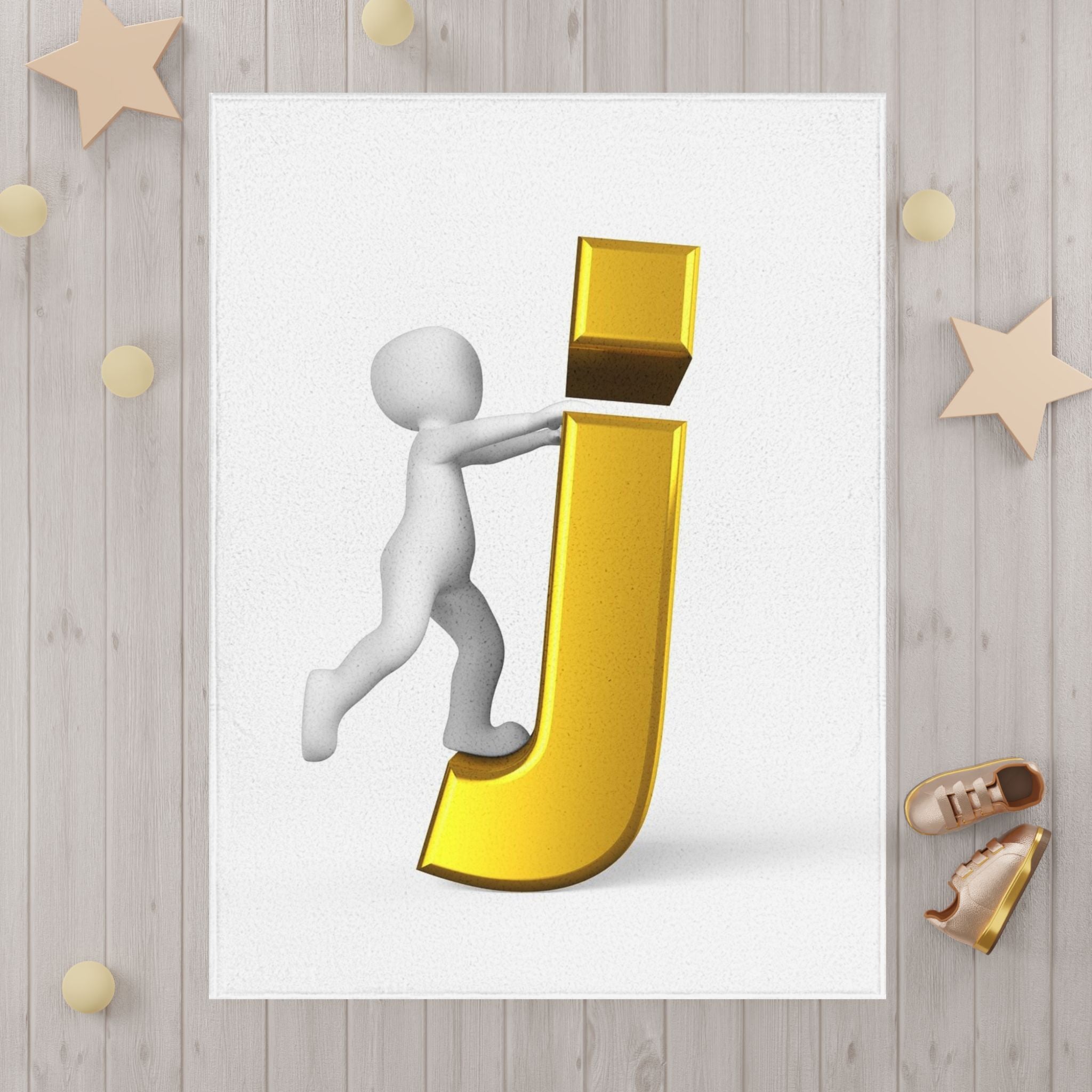 Gold Letter J with Figure Toddler Blanket | Monogram Initial Nursery Decor