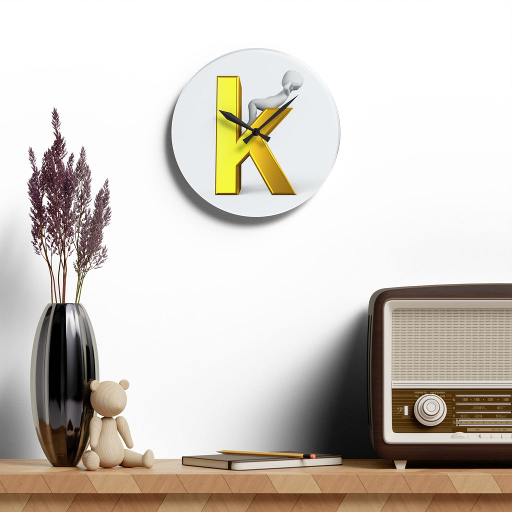 Gold Letter K with Figure Acrylic Wall Clock | Monogram Initial Decor
