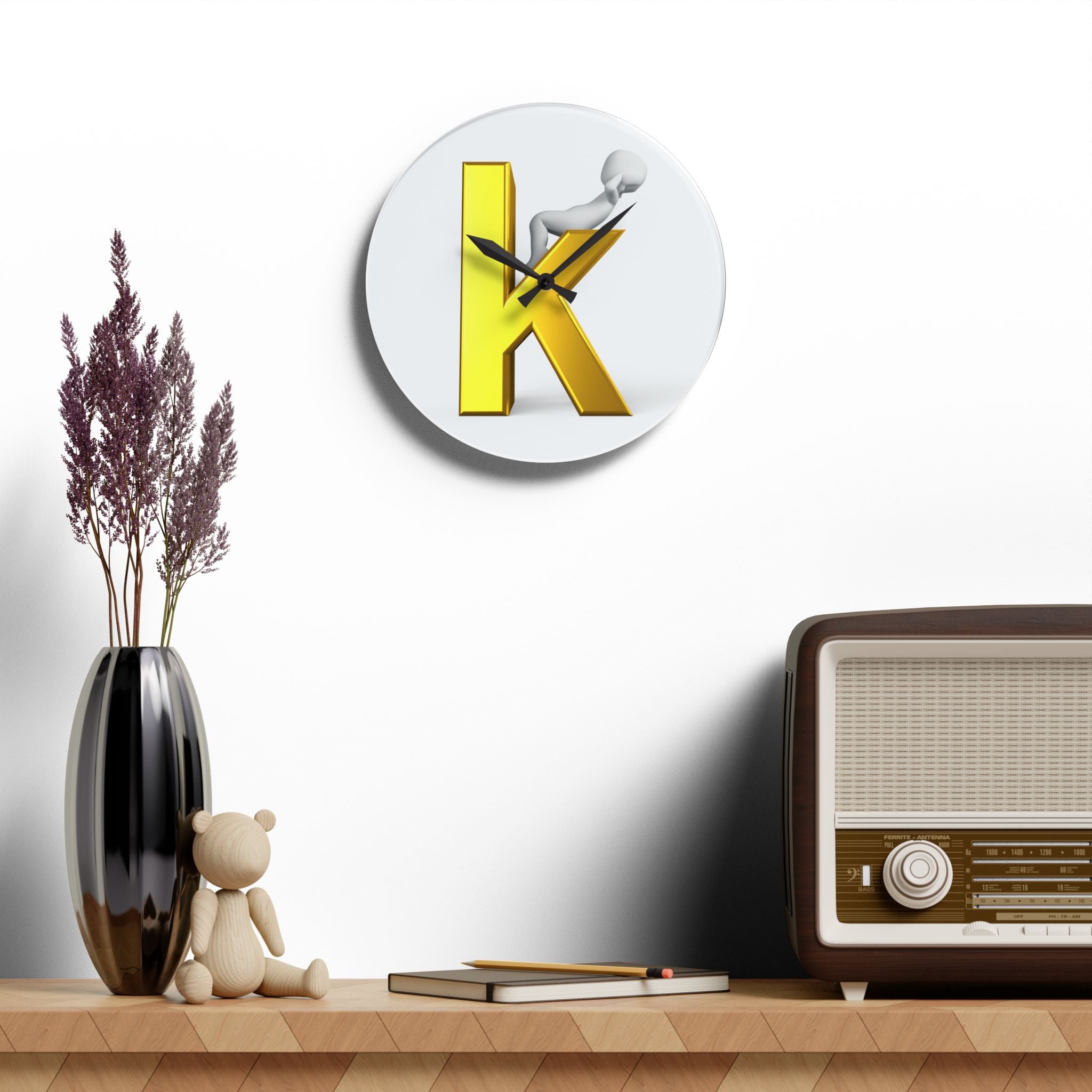 Gold Letter K with Figure Acrylic Wall Clock | Monogram Initial Decor