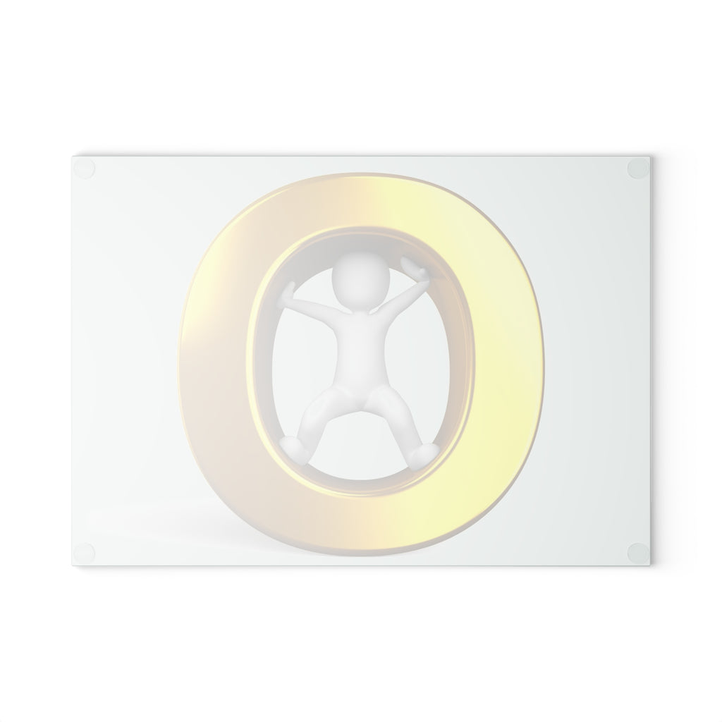 3D Stick Figure Pushing Gold O Letter Glass Cutting Board | Kitchen Art, Modern Decor