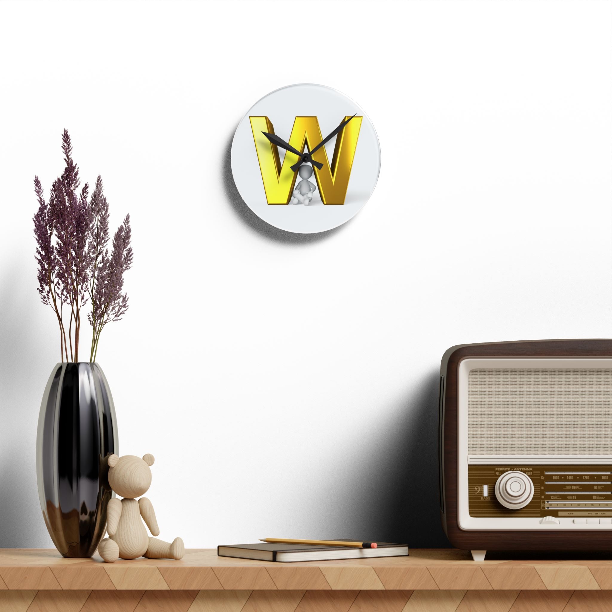Gold Letter W Monogram Acrylic Wall Clock | Initial W Home Decor