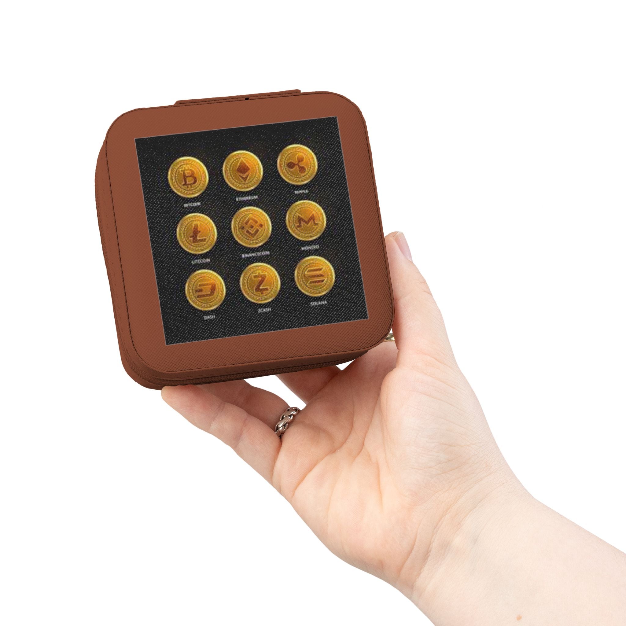Étui de voyage compact pour bijoux Crypto Monnaie | Organisateur pour bagues boucles d'oreilles colliers