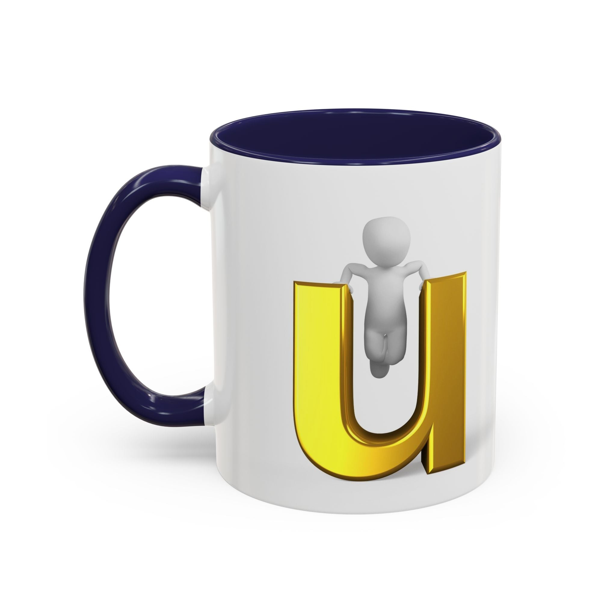 Mug de café accentué avec une personne 3D accrochée à la lettre U en or