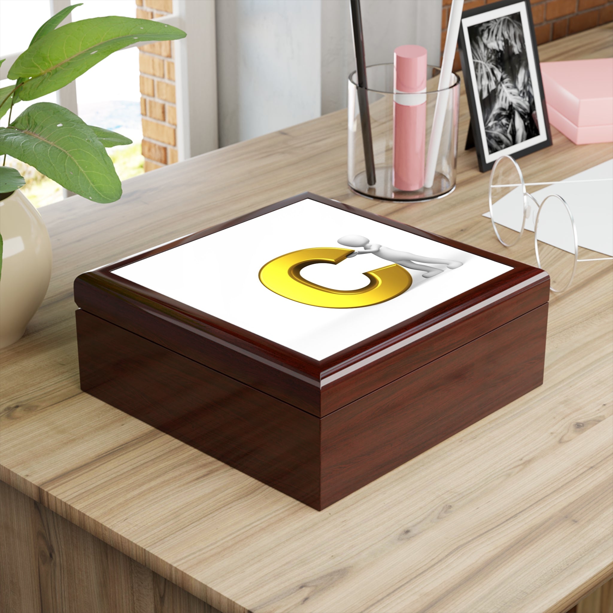 Gold Letter C with Figure Jewelry Box | Personalized Monogram Keepsake