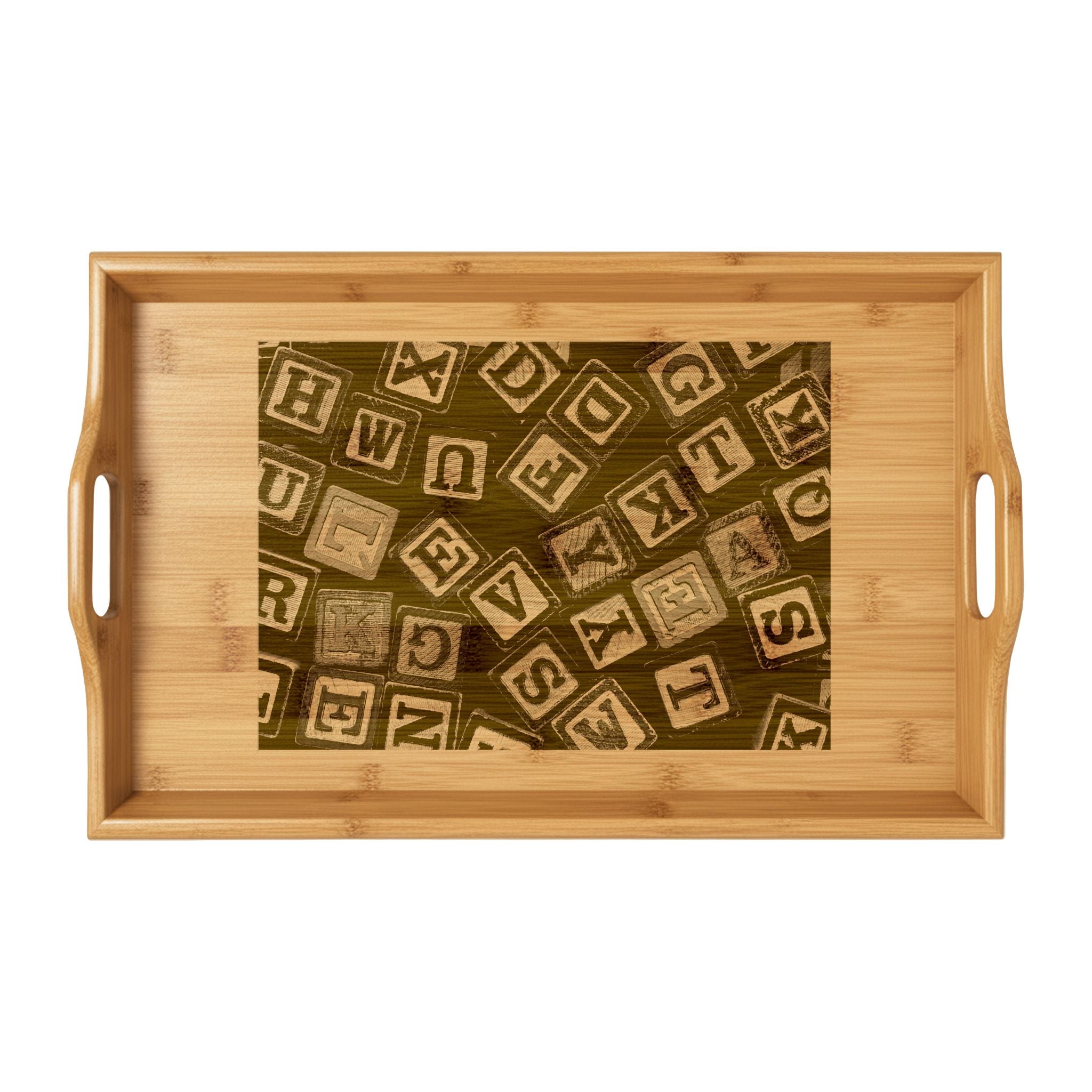 Vintage Alphabet Blocks Bamboo Serving Tray | Engraved Letter Blocks