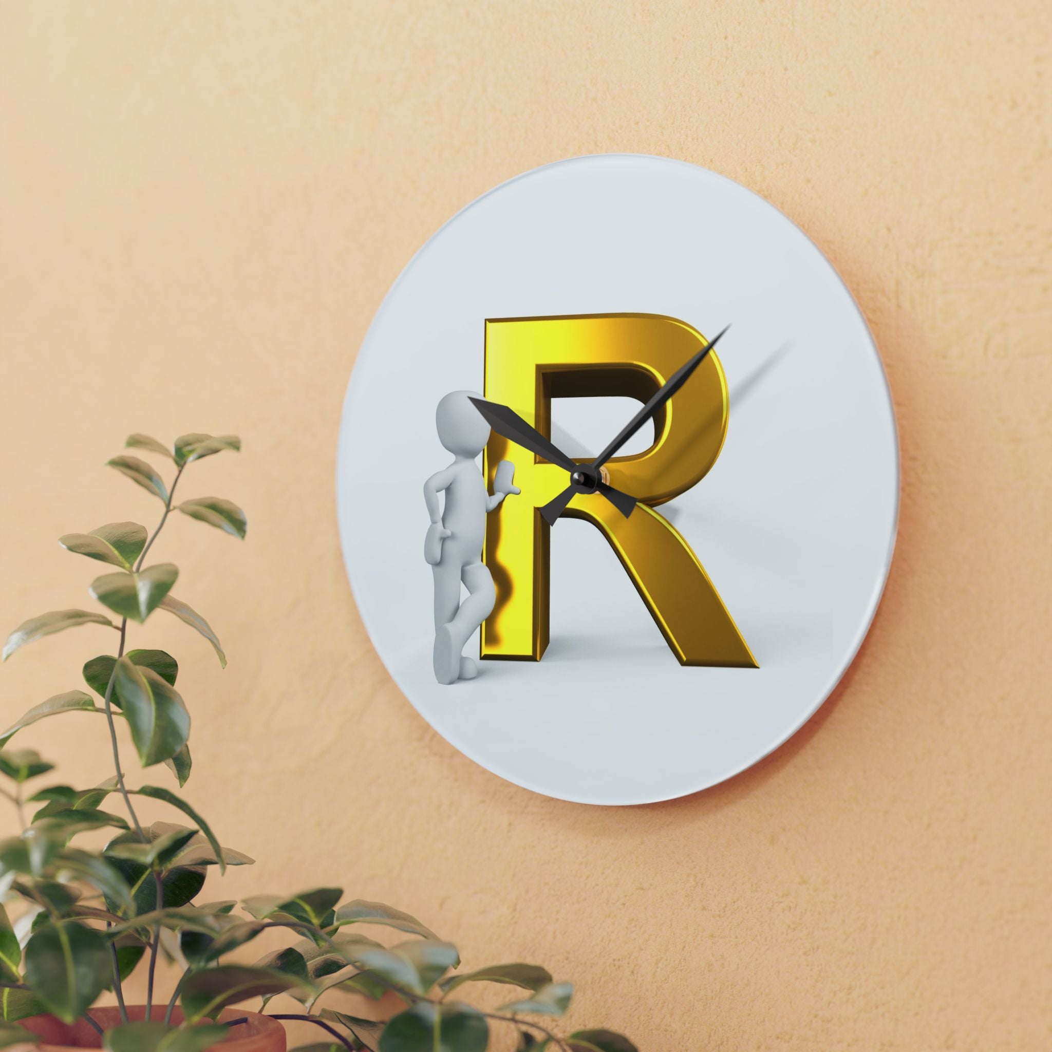 Gold Letter R Monogram Acrylic Wall Clock | Initial R Decor