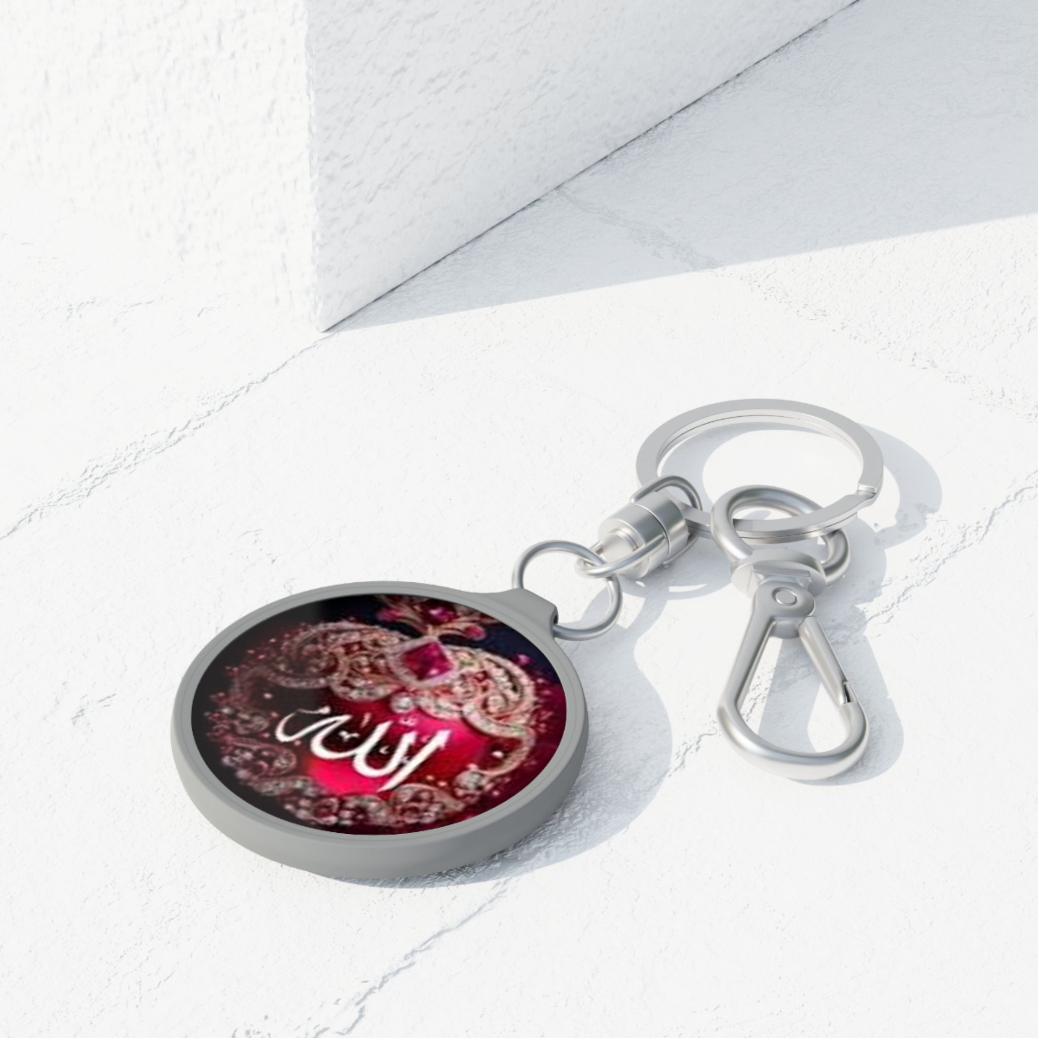 Allah Calligraphy Keyring Tag | Islamic Arabic Script, Red Jewel Design
