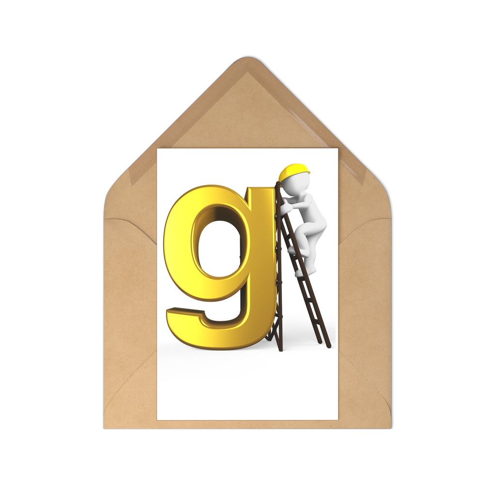 3D Gold Letter g Postcard Set, Construction Worker Illustration | Pack of 7