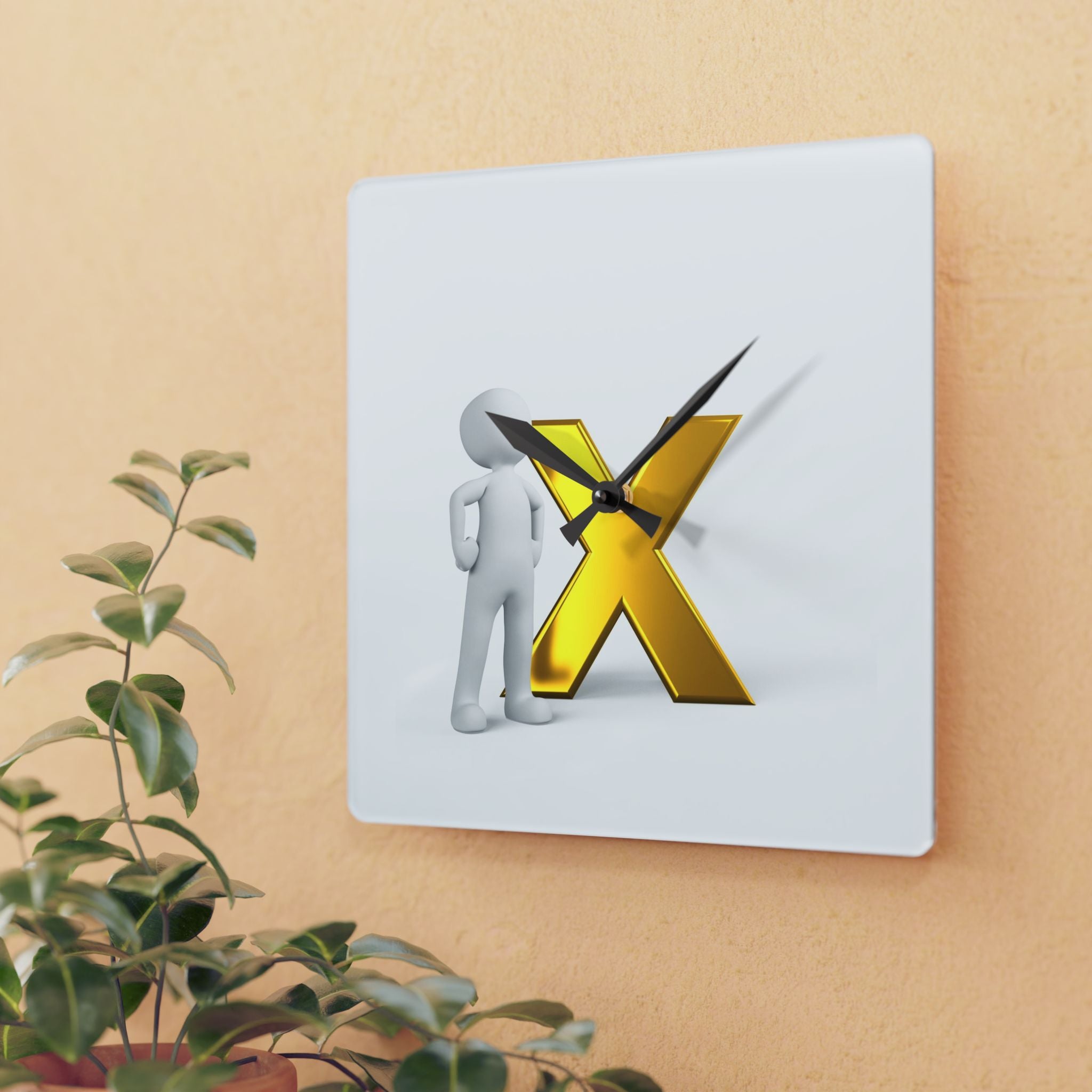 Gold X Logo Acrylic Wall Clock | Minimal 3D Lettering
