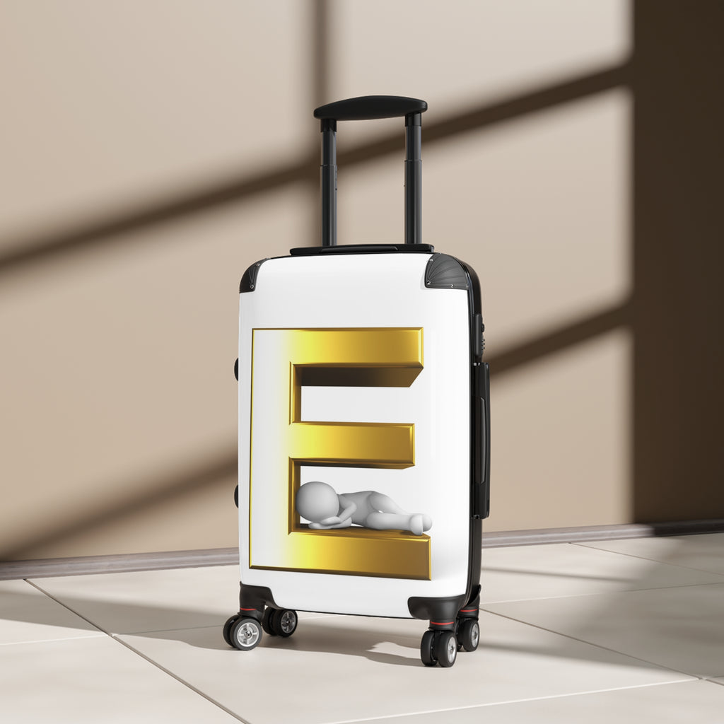 Gold 3D Letter E with Sleeping Figure Suitcase | Personalized Monogram Luggage