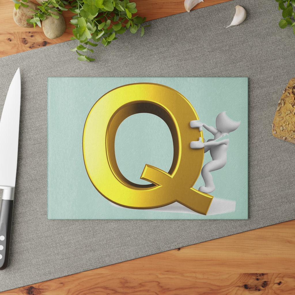 Gold Letter Q with Climber Glass Cutting Board | Monogram Initial Kitchen