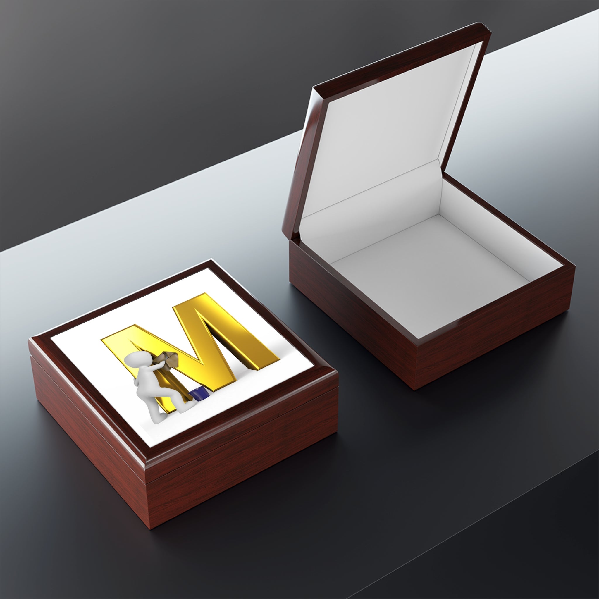 Gold Letter M with Painter Figure Jewelry Box | Monogram Initial M