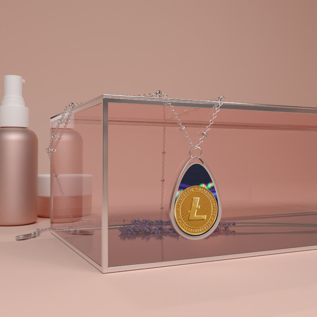 Oval Litcoin Pendant Necklace — Retro Holographic Medallion Teardrop Jewelry