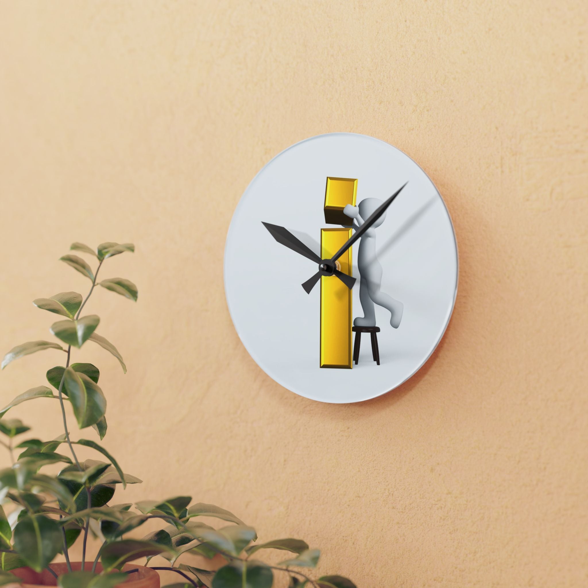 3D Figure Holding Gold Letter i Acrylic Wall Clock, modern typographic decor