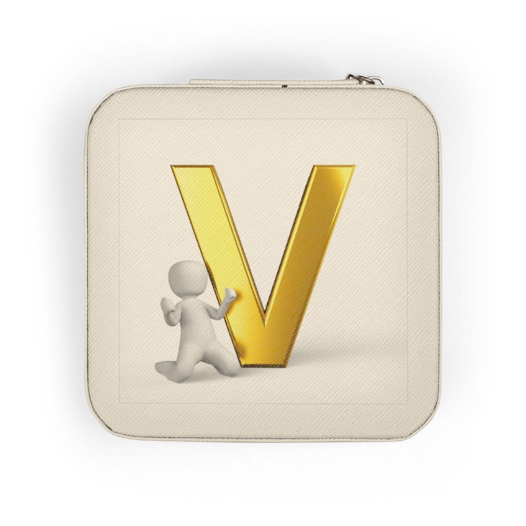 Gold Letter V Monogram Jewelry Travel Case | Compact Square Organizer