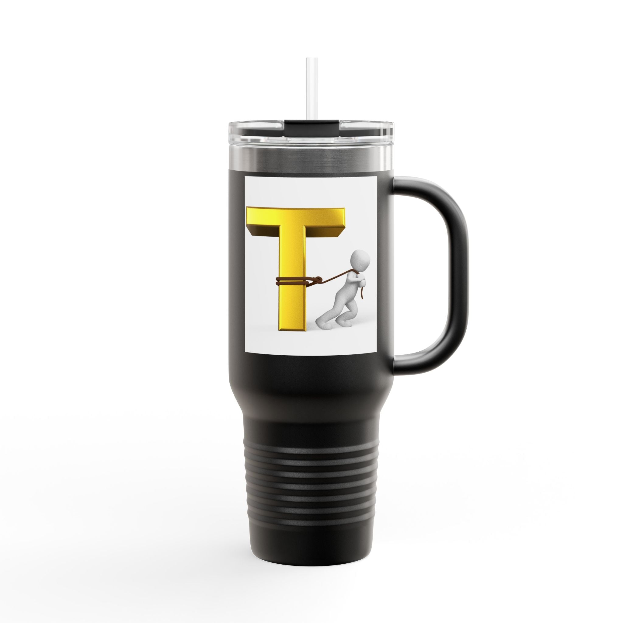 3D Stick Figure Pulling Gold Letter T Travel Mug | 40oz Insulated Tumbler