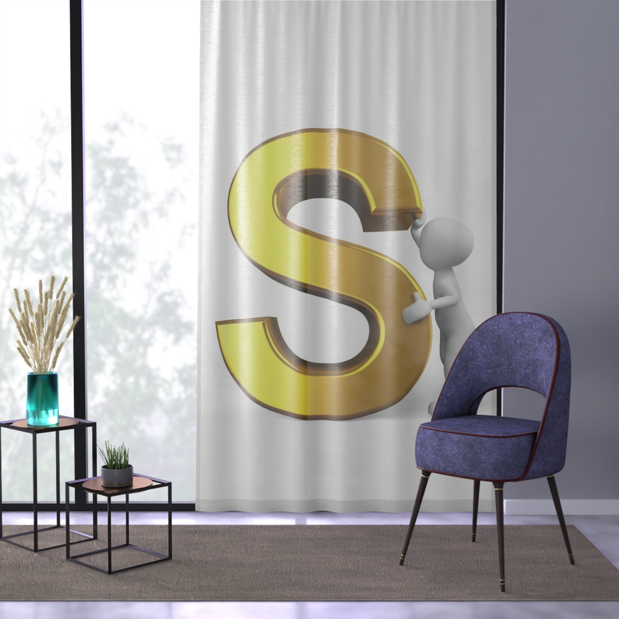 Gold Letter S Monogram Window Curtain | Single Initial Letter S Curtain