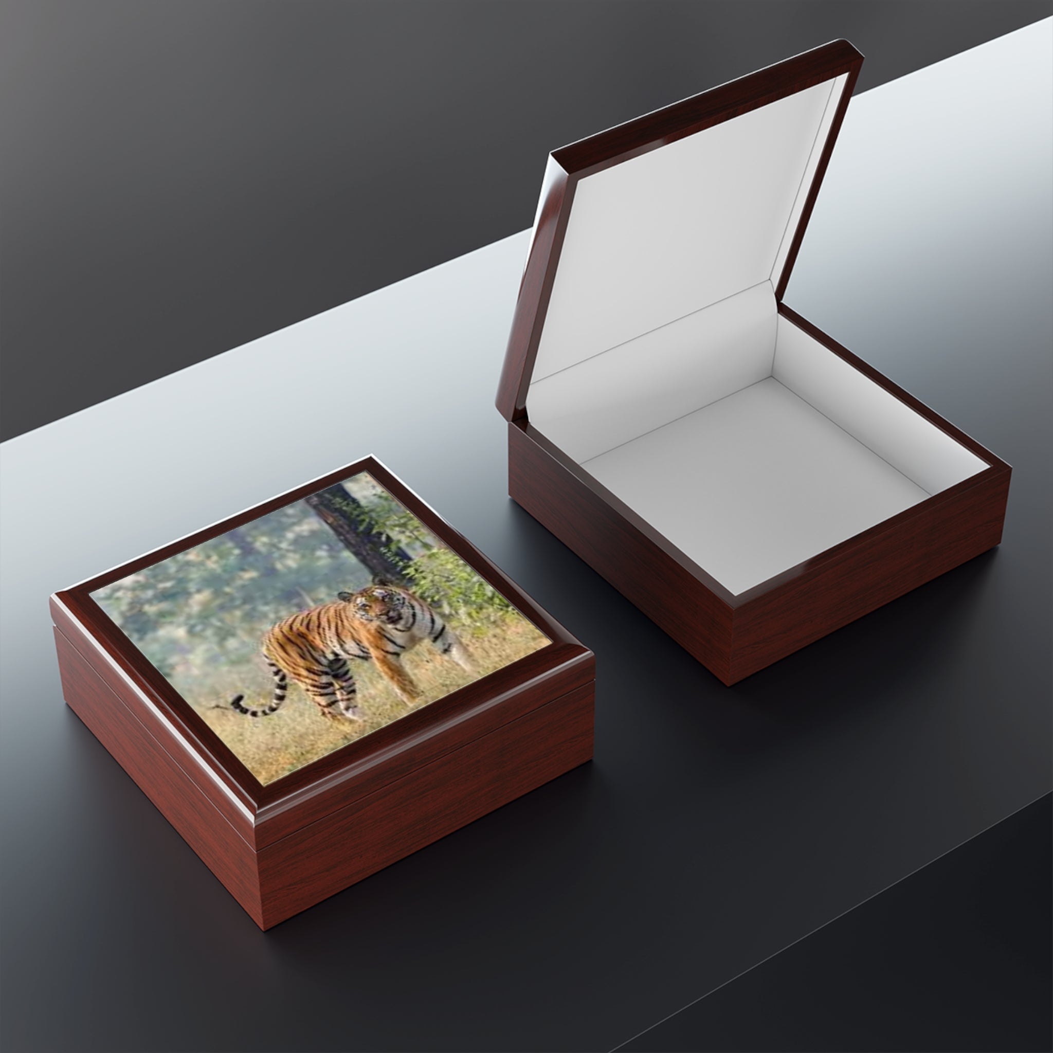 Bengal Tiger Portrait Jewelry Box | Black Lacquer Trinket Storage