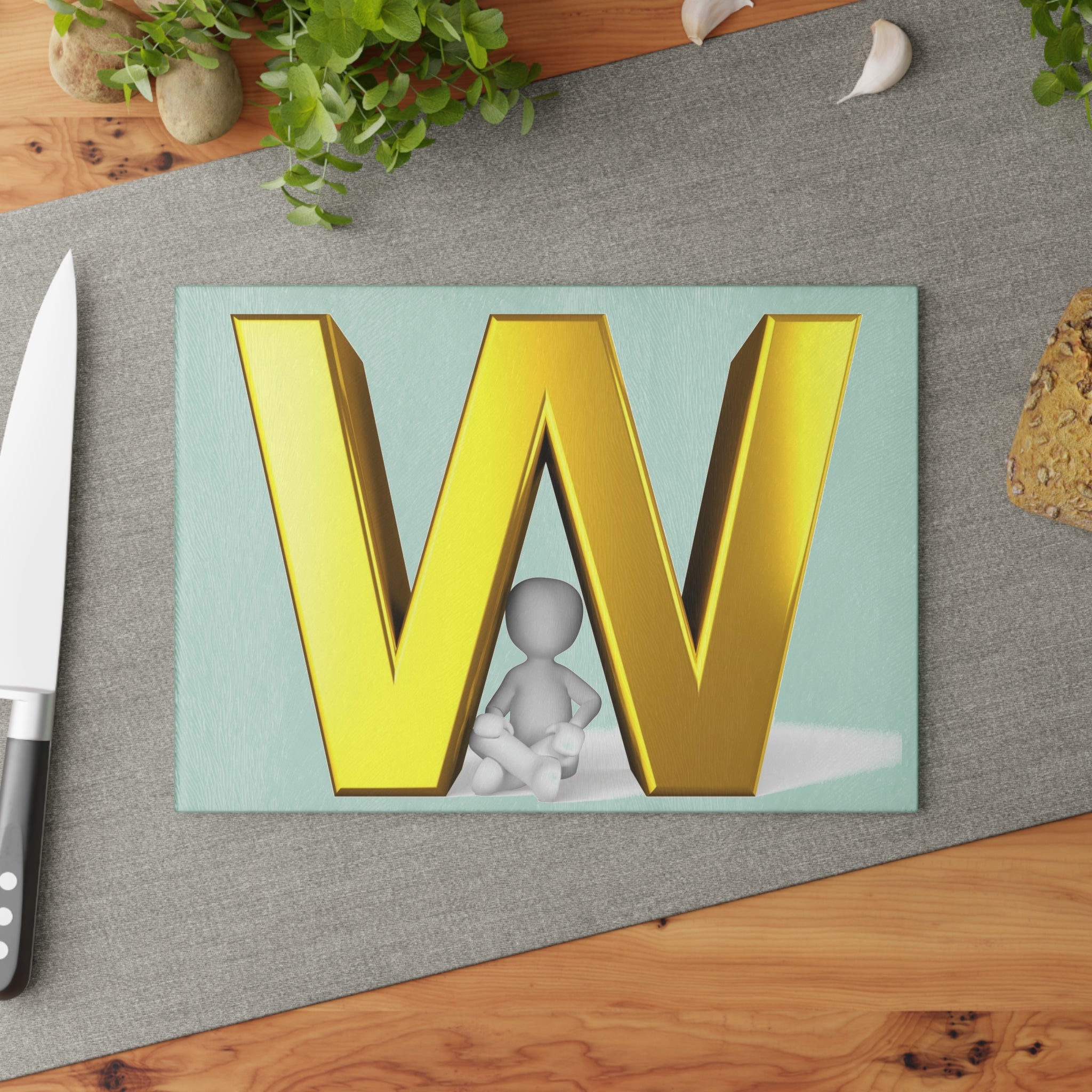 Gold Letter W with Sitting Figure Glass Cutting Board | Monogram Kitchen Decor
