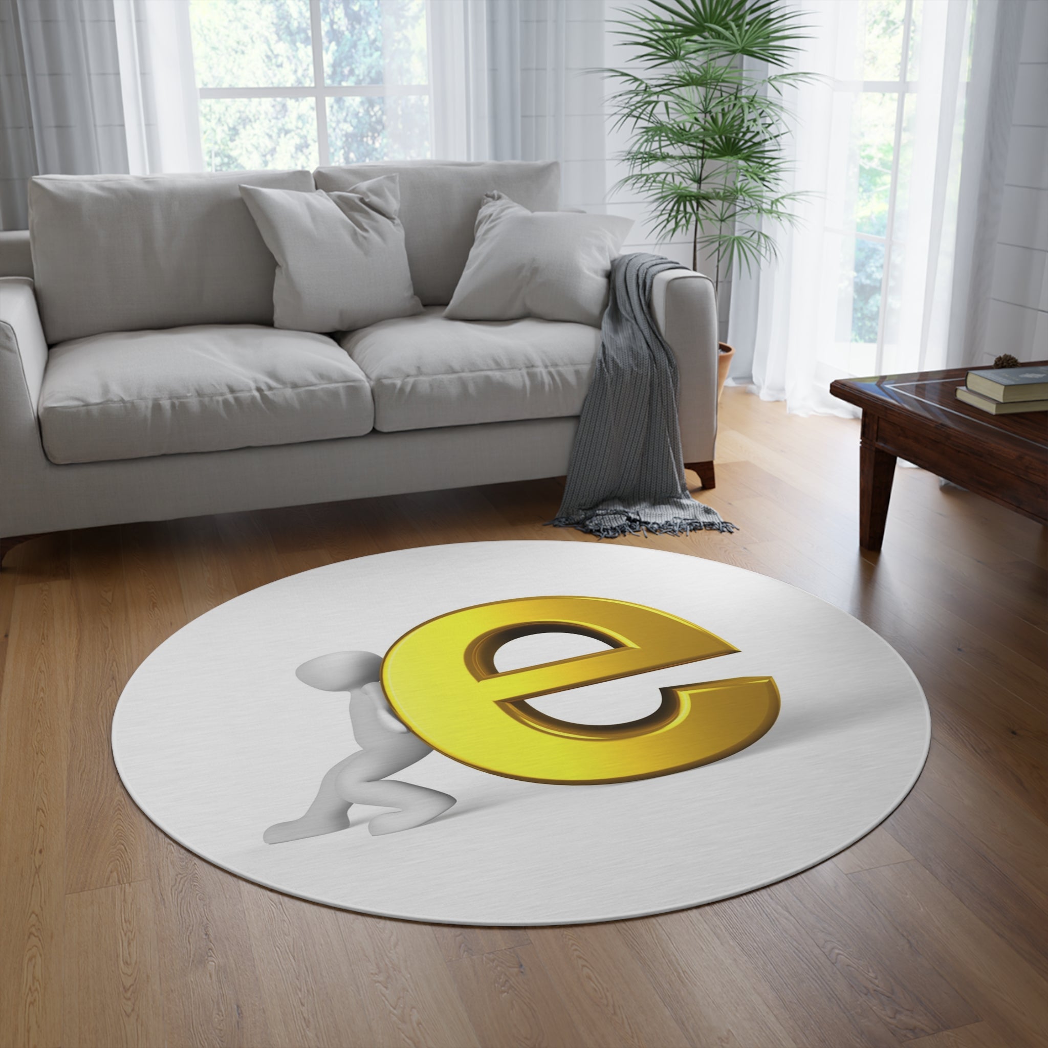 Gold Letter E with Figure Round Rug | Alphabet Monogram Floor Mat