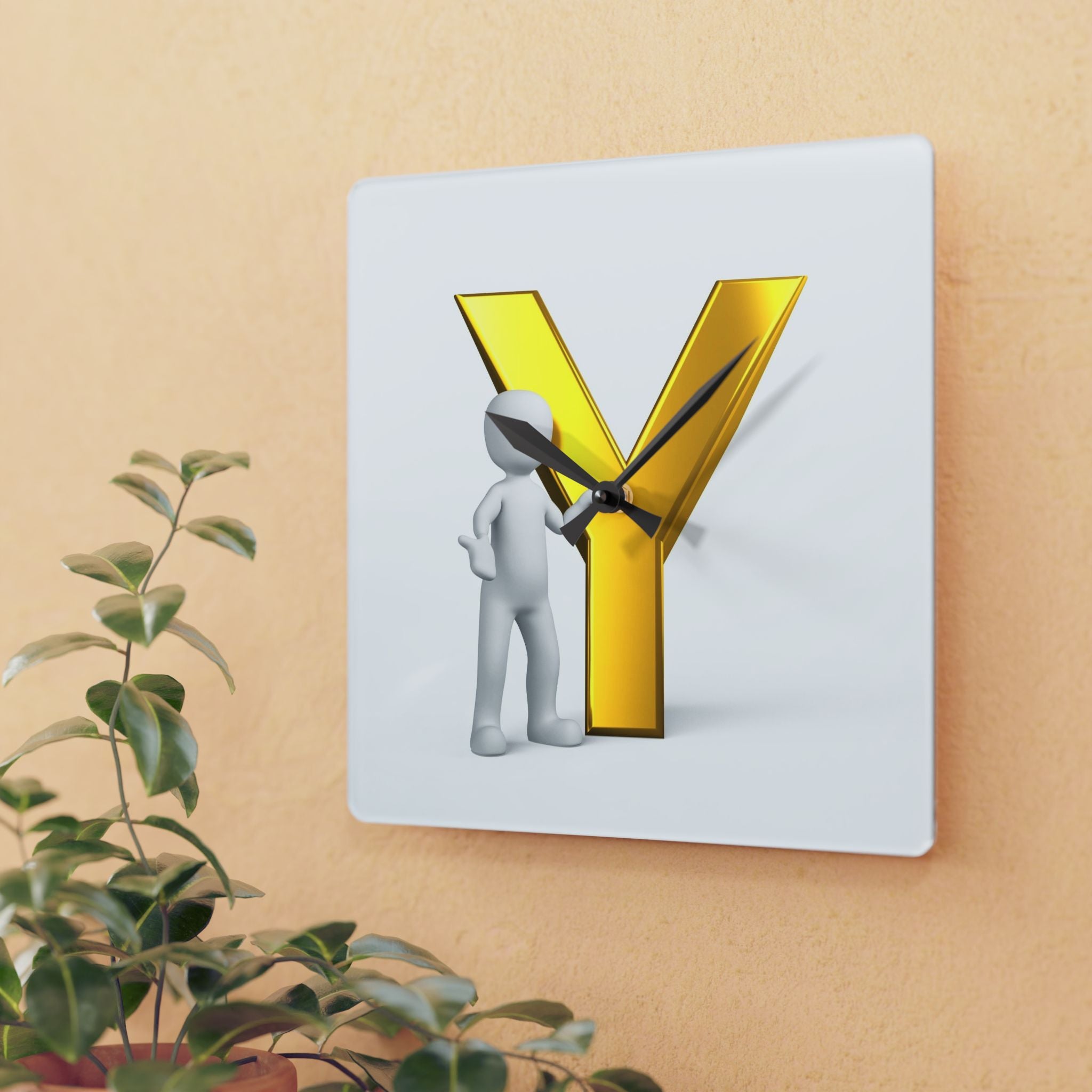 Yellow Gold Letter Y with 3D Figure Acrylic Wall Clock | Monogram Initial Decor