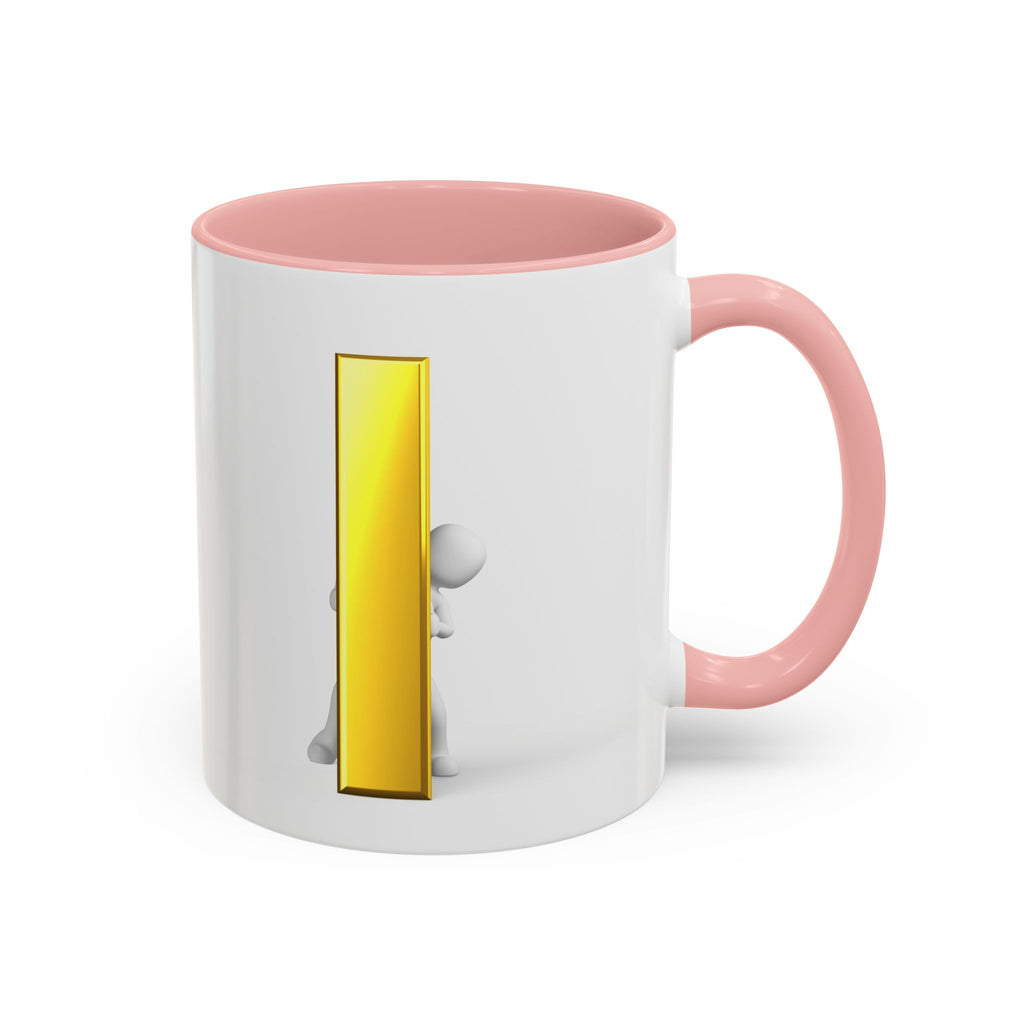 Mug en céramique avec bonhomme allumette jetant un coup d'œil derrière la lettre i dorée | Tasse à café avec anse et intérieur contrastants