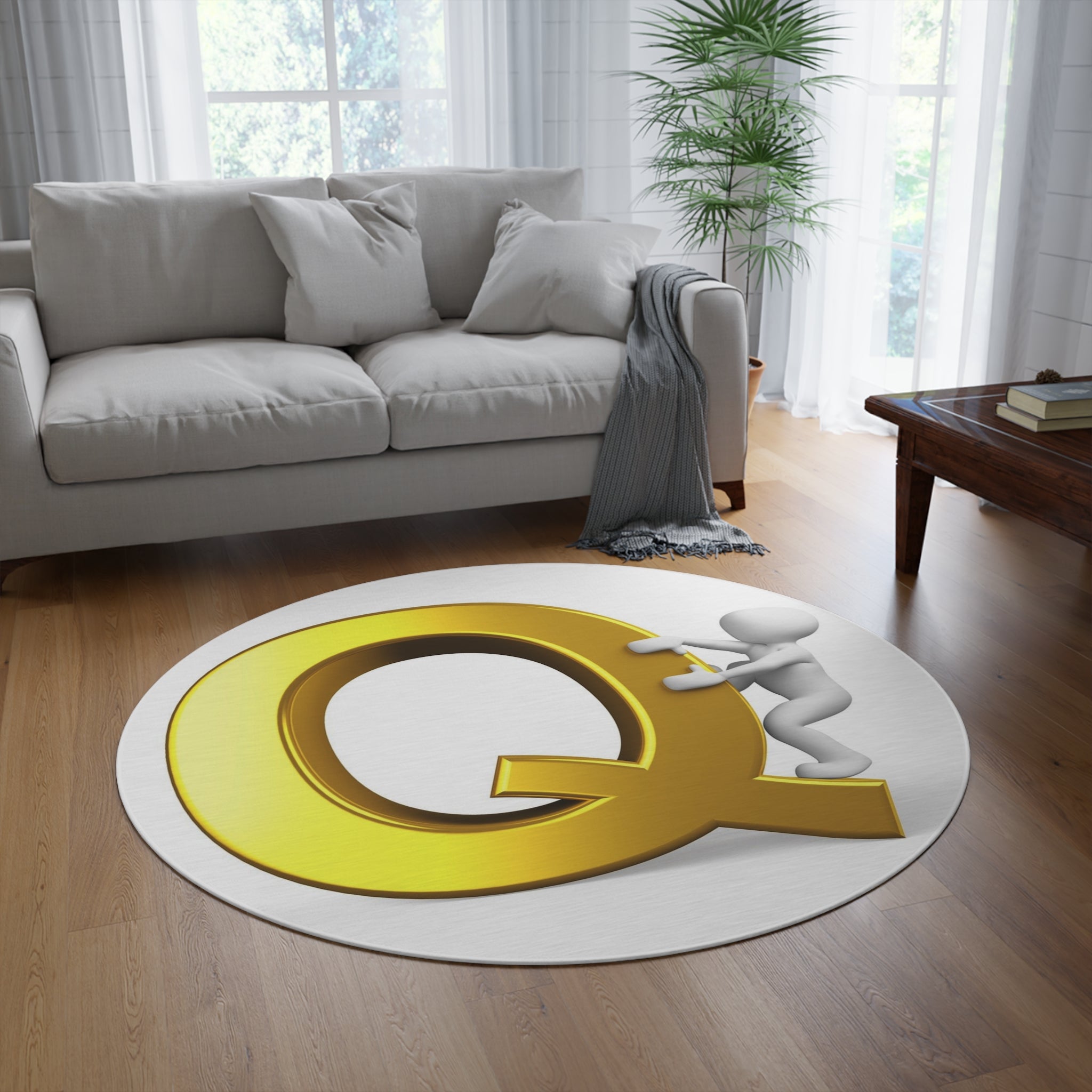 Gold Letter Q with Climbing Figure Round Rug | Monogram Initial Area Rug