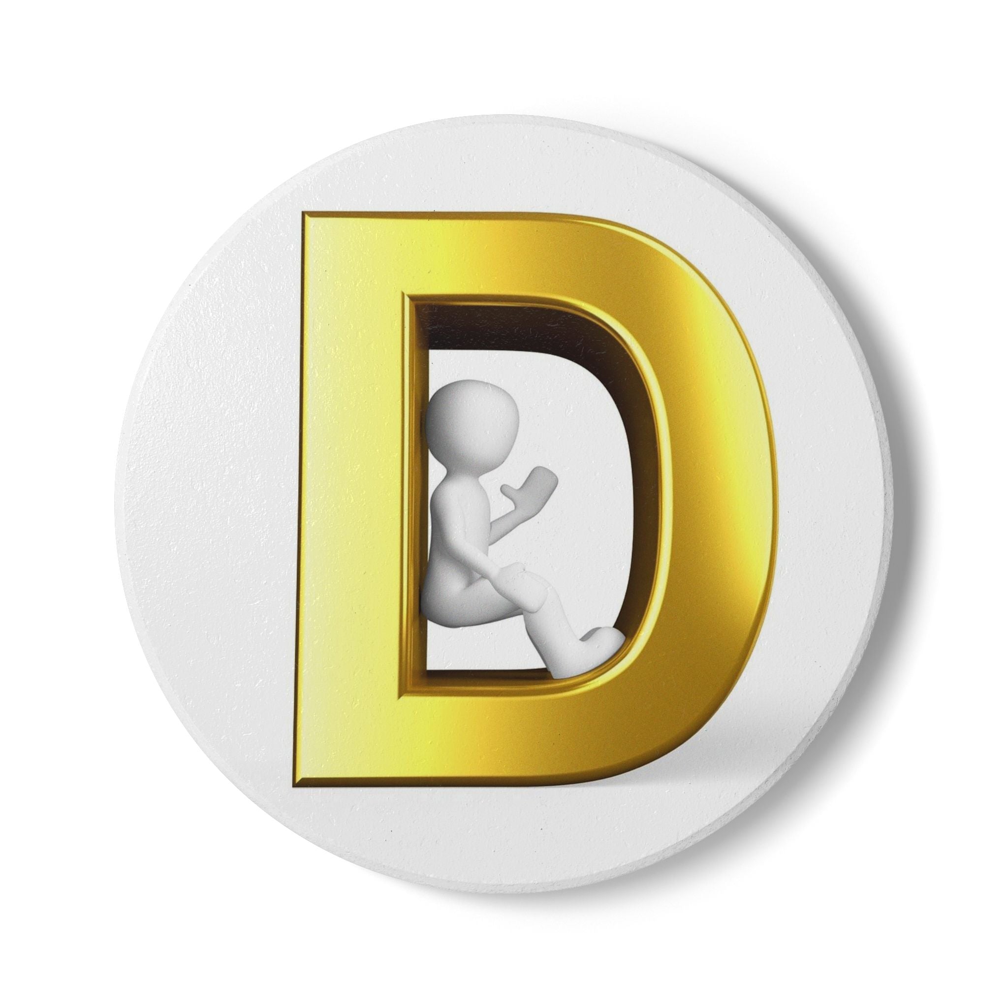 Gold Letter D with Sitting Figure Ceramic Coaster | Monogram Initial D