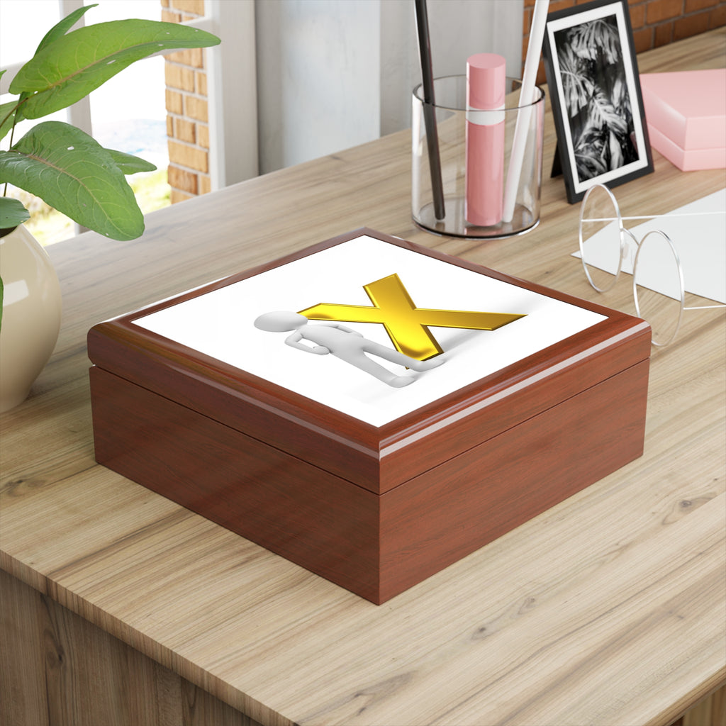 3D Stick Figure with Gold X Jewelry Box | Personalized Trinket Keepsake