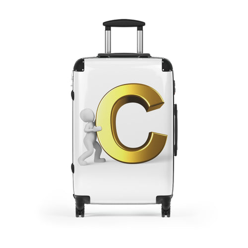 3D Character Pushing Gold Letter C Suitcase | Monogram Luggage