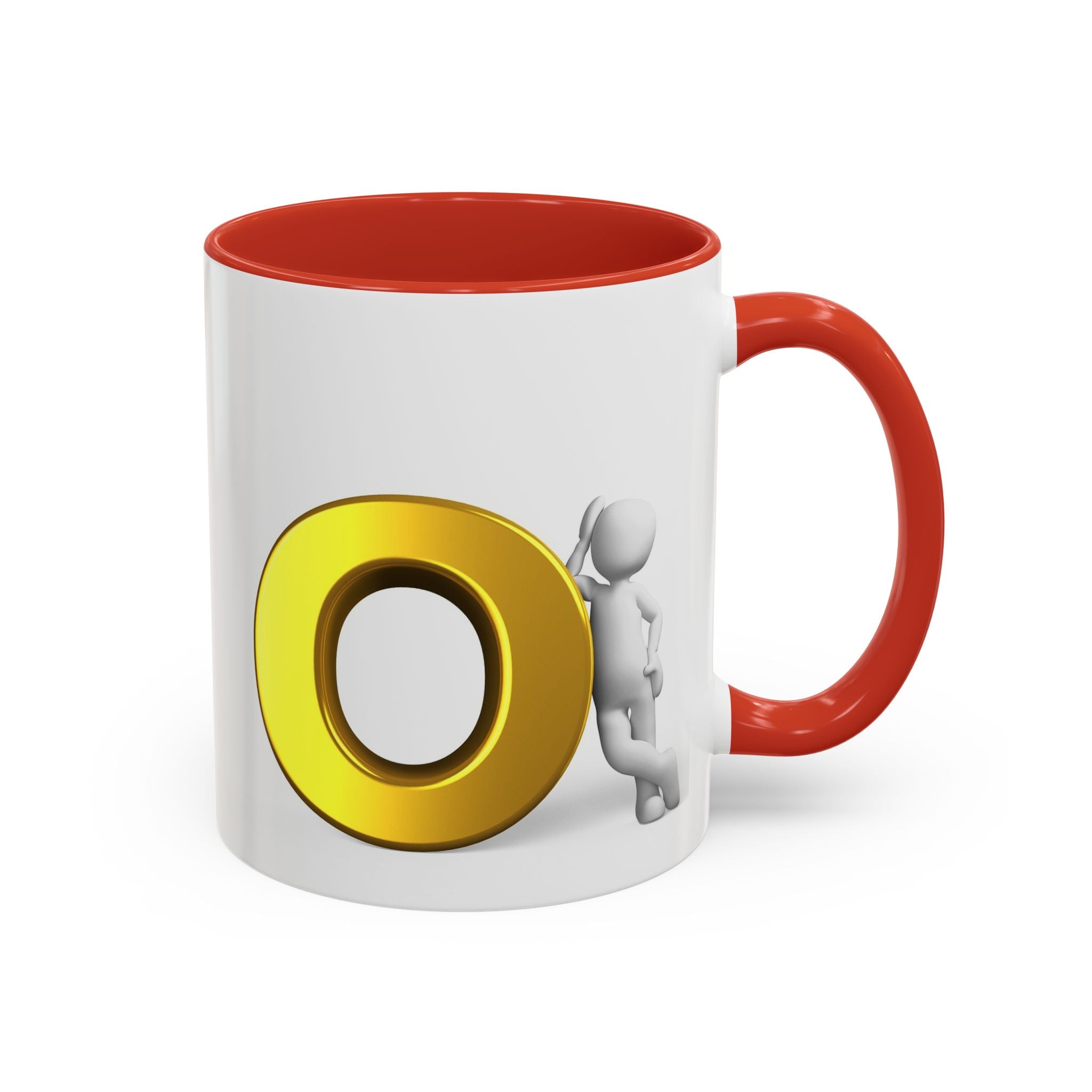 3D Strichmännchen, das sich an Goldbuchstaben O Tasse lehnt | Akzent-Kaffeetasse