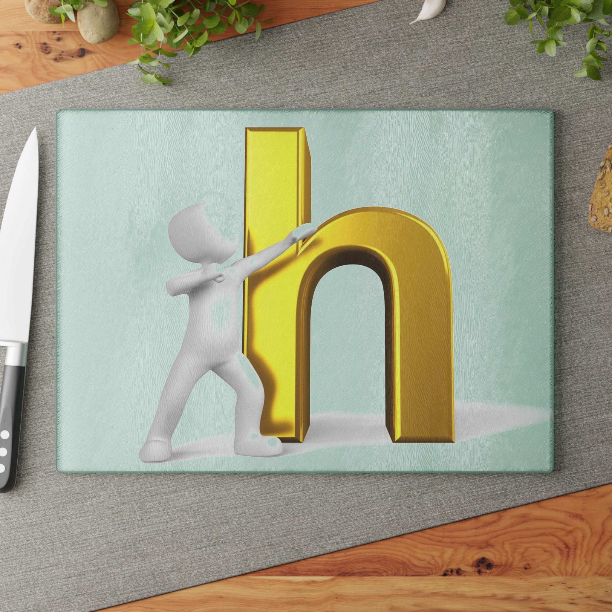 3D Figure Pushing Gold Letter H Glass Cutting Board | Alphabet Kitchen Décor